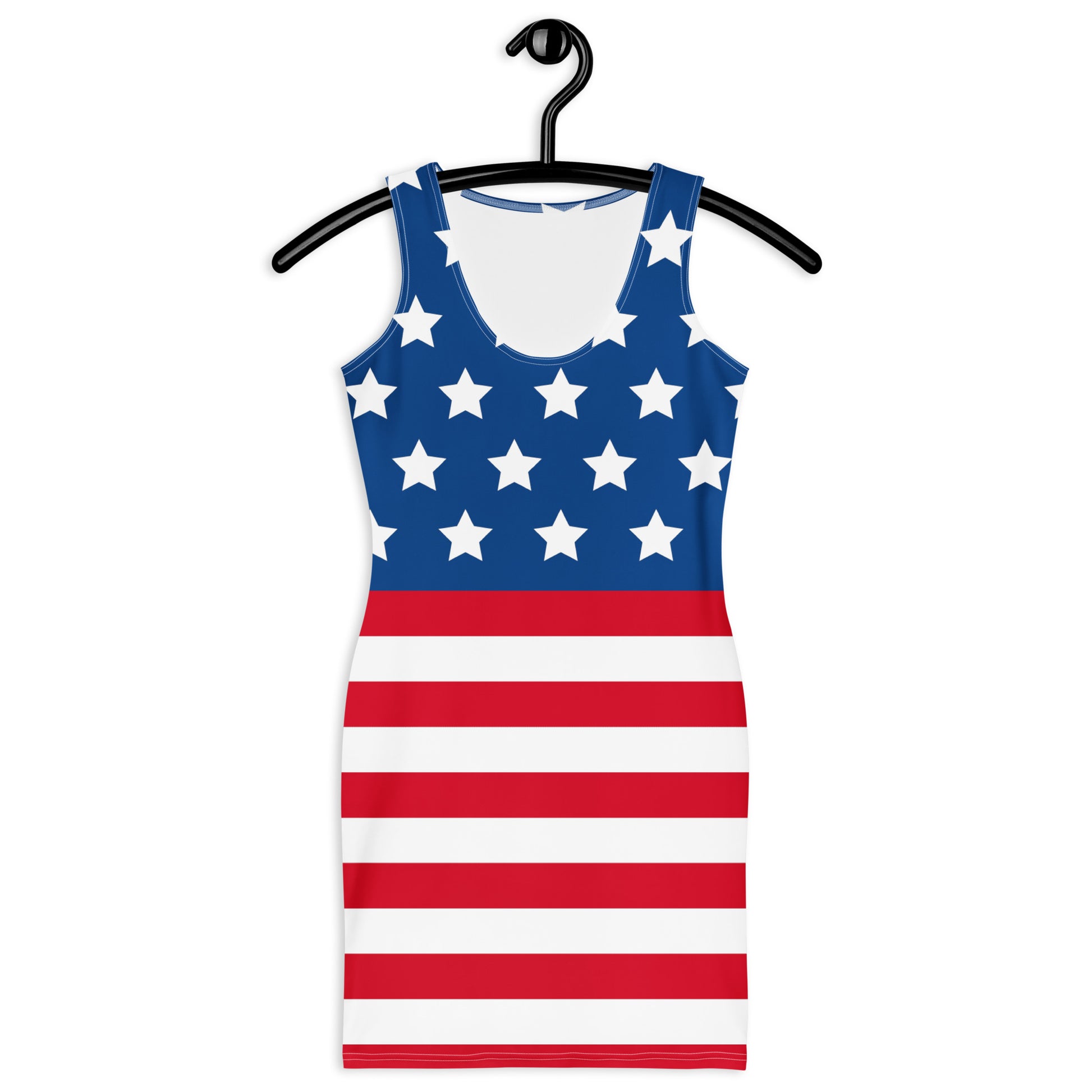 american flag bodycon dress on hanger with blue star pattern and red and white stripes