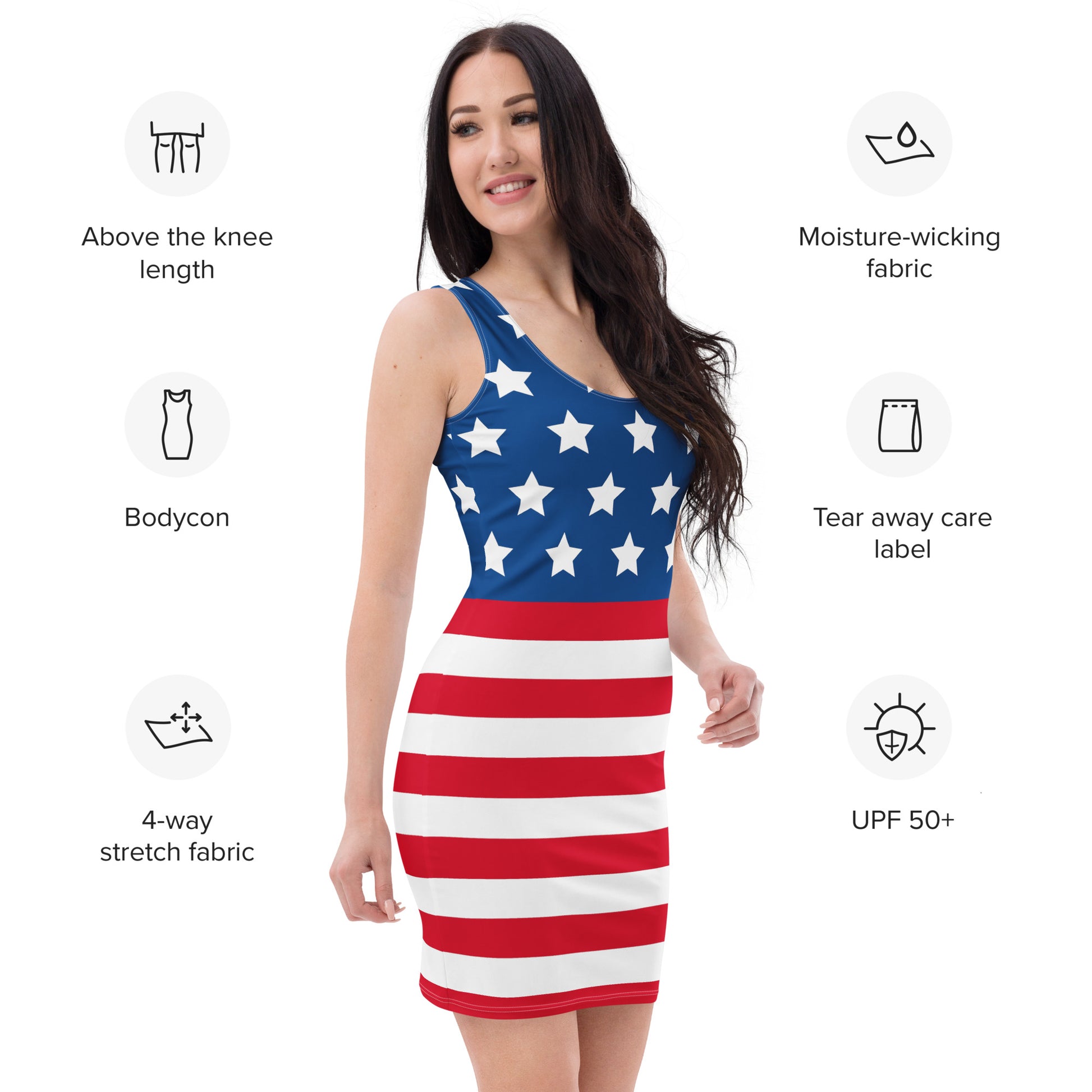 model wearing american flag bodycon dress showcasing features like stretch fabric, moisture-wicking, UPF 50+, and tear-away label