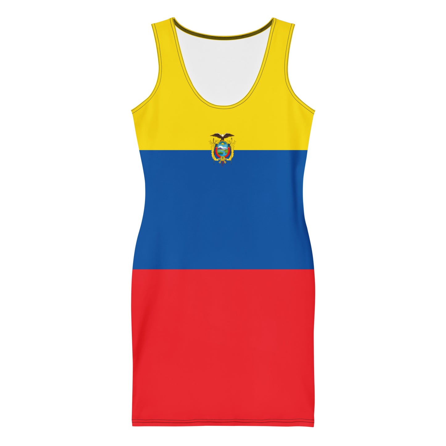 Colorful dress featuring Ecuador flag by [Brand], sleeveless design.