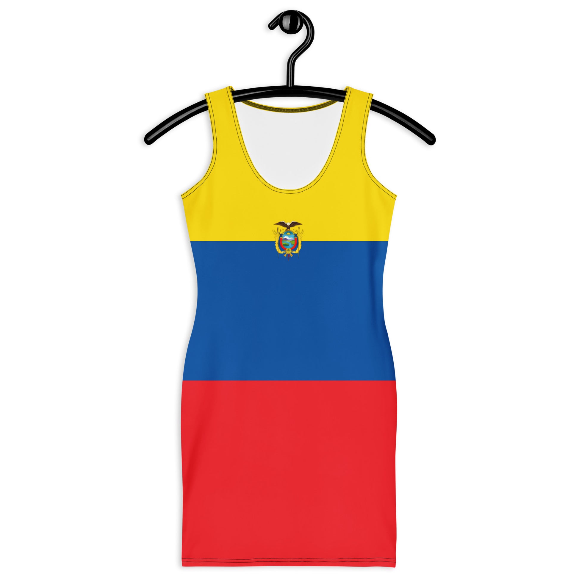 [Brand] dress featuring Ecuador flag colors, hanging on hanger.