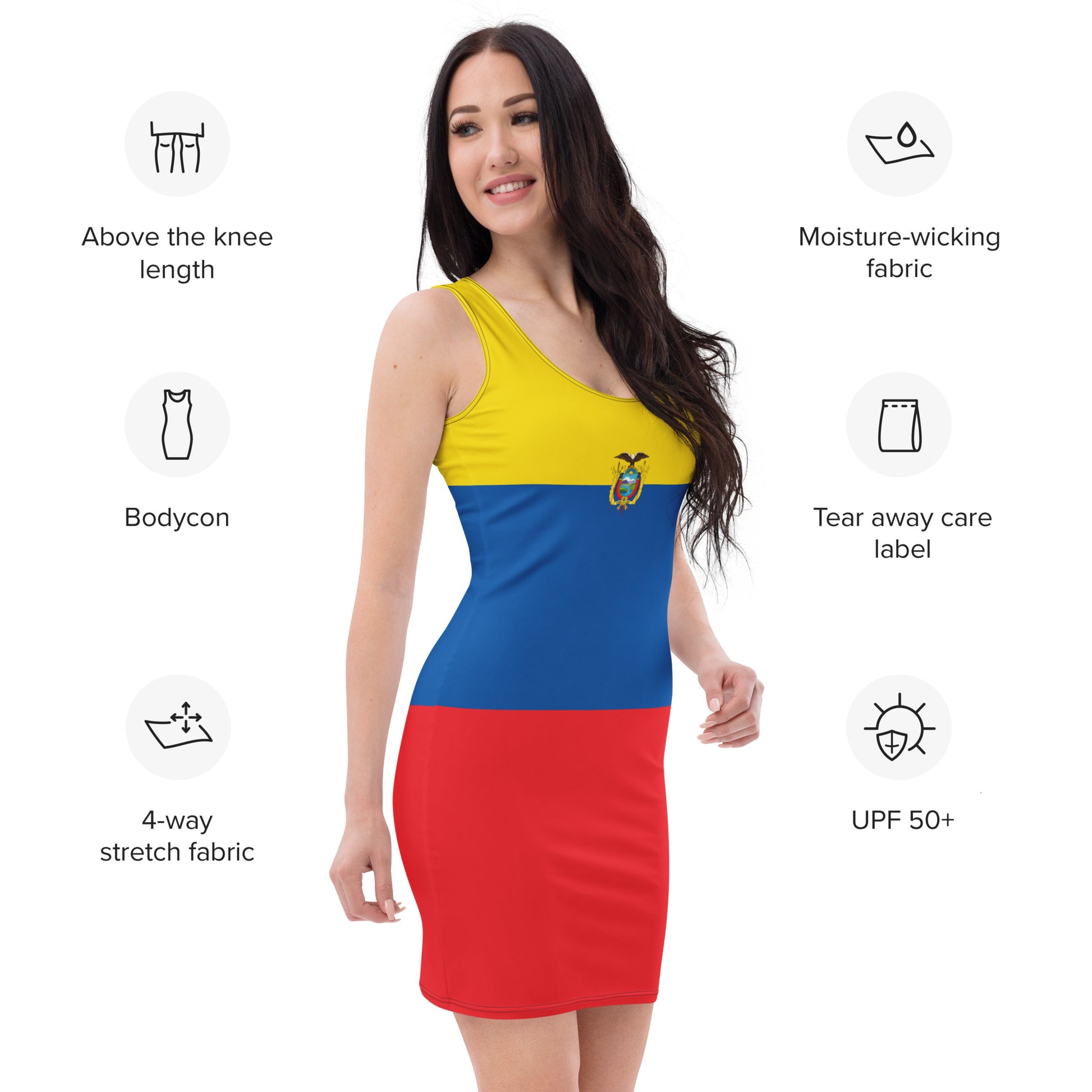 [Brand] dress with Ecuador flag colors, showcasing key features.