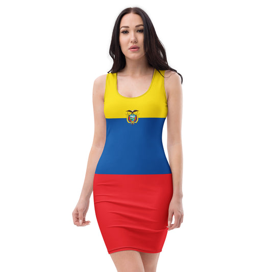 Woman in [Brand] dress with Ecuador flag design.