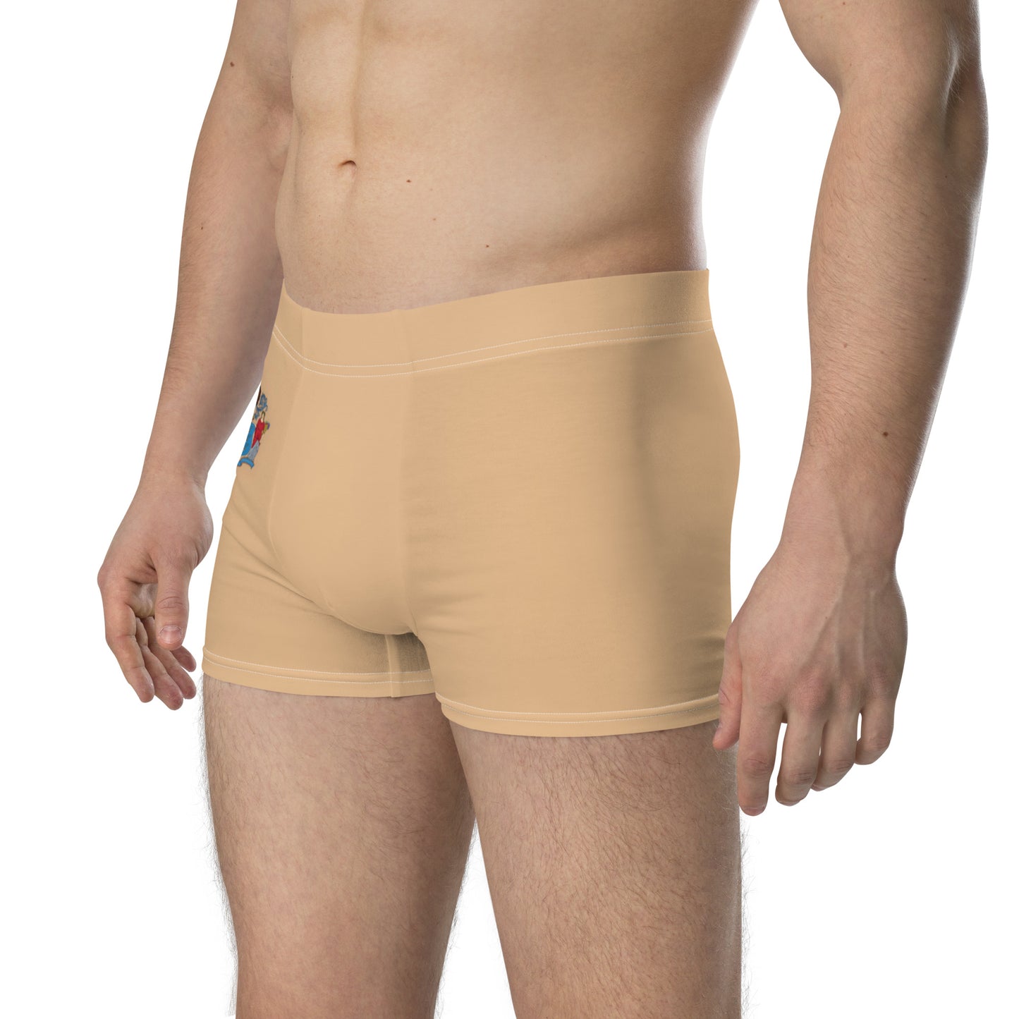 Shirtless man wearing beige [Brand] boxer briefs, side view.