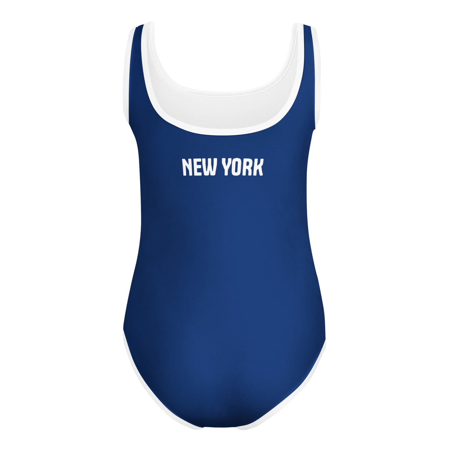 Blue swimsuit with "New York," white trim, [Brand].