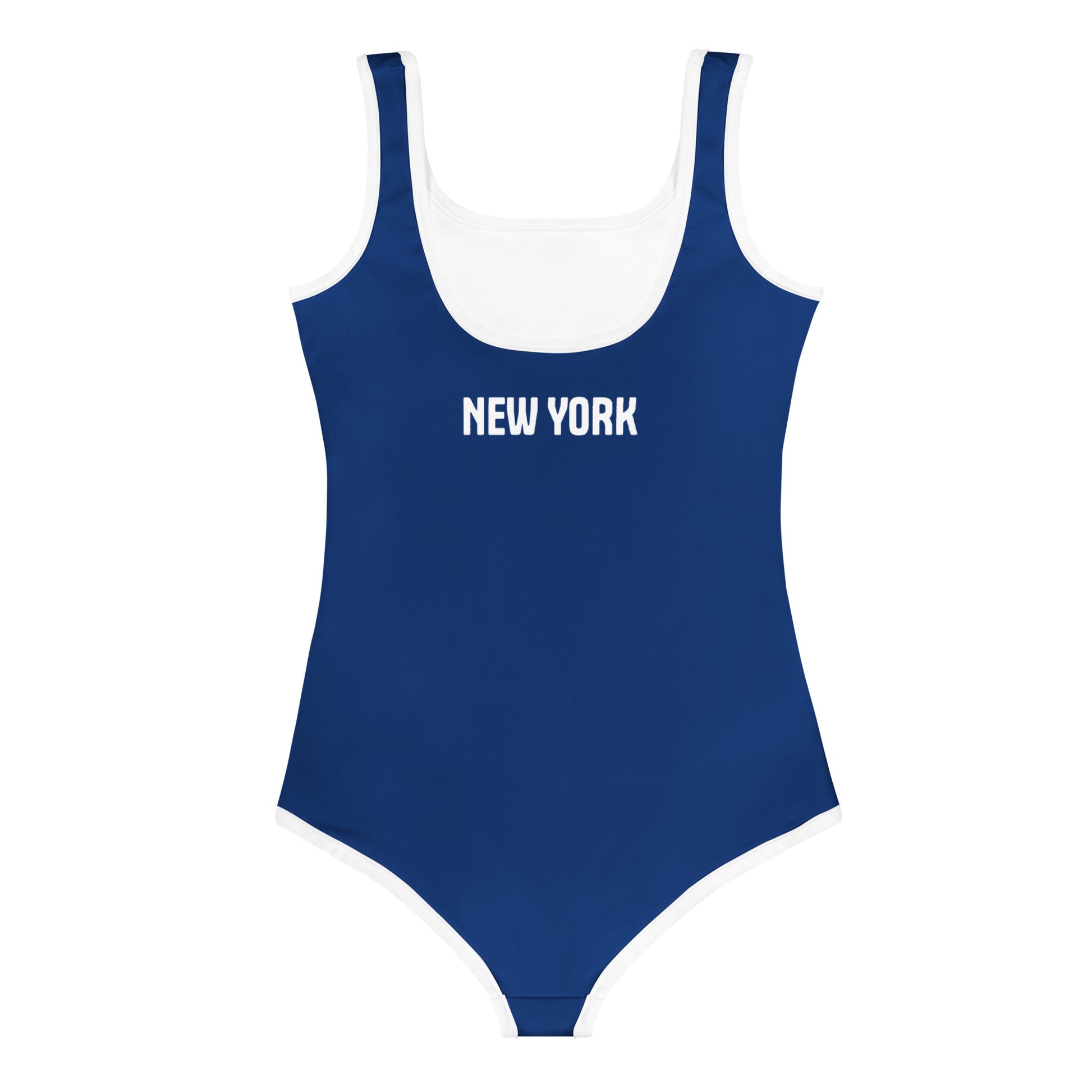 Blue and white [Brand] swimsuit featuring "New York" text.