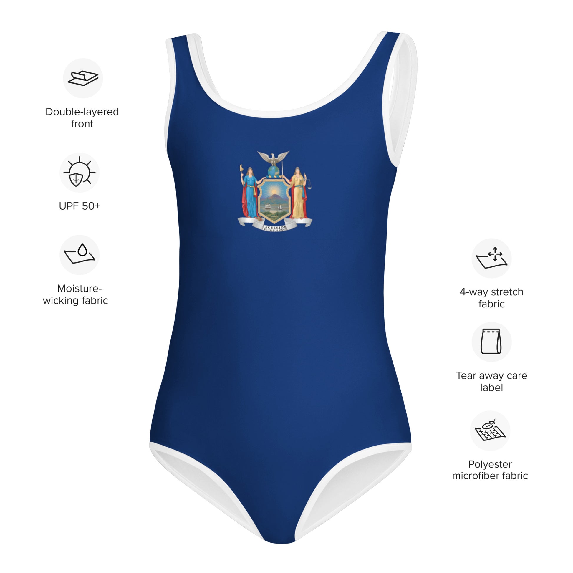 Blue [Brand] swimsuit with New York emblem, special features highlighted.