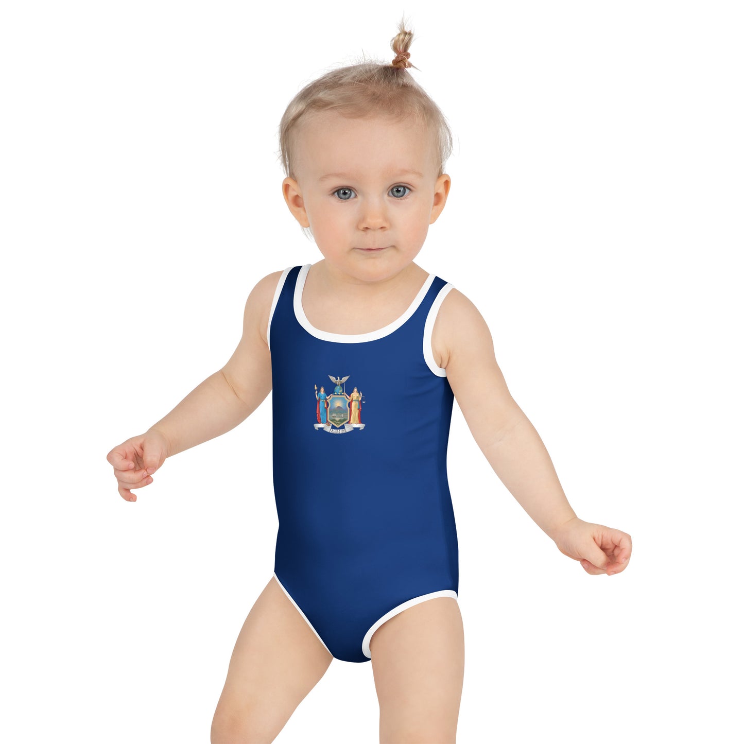 Toddler wearing blue [Brand] swimsuit with state emblem design.