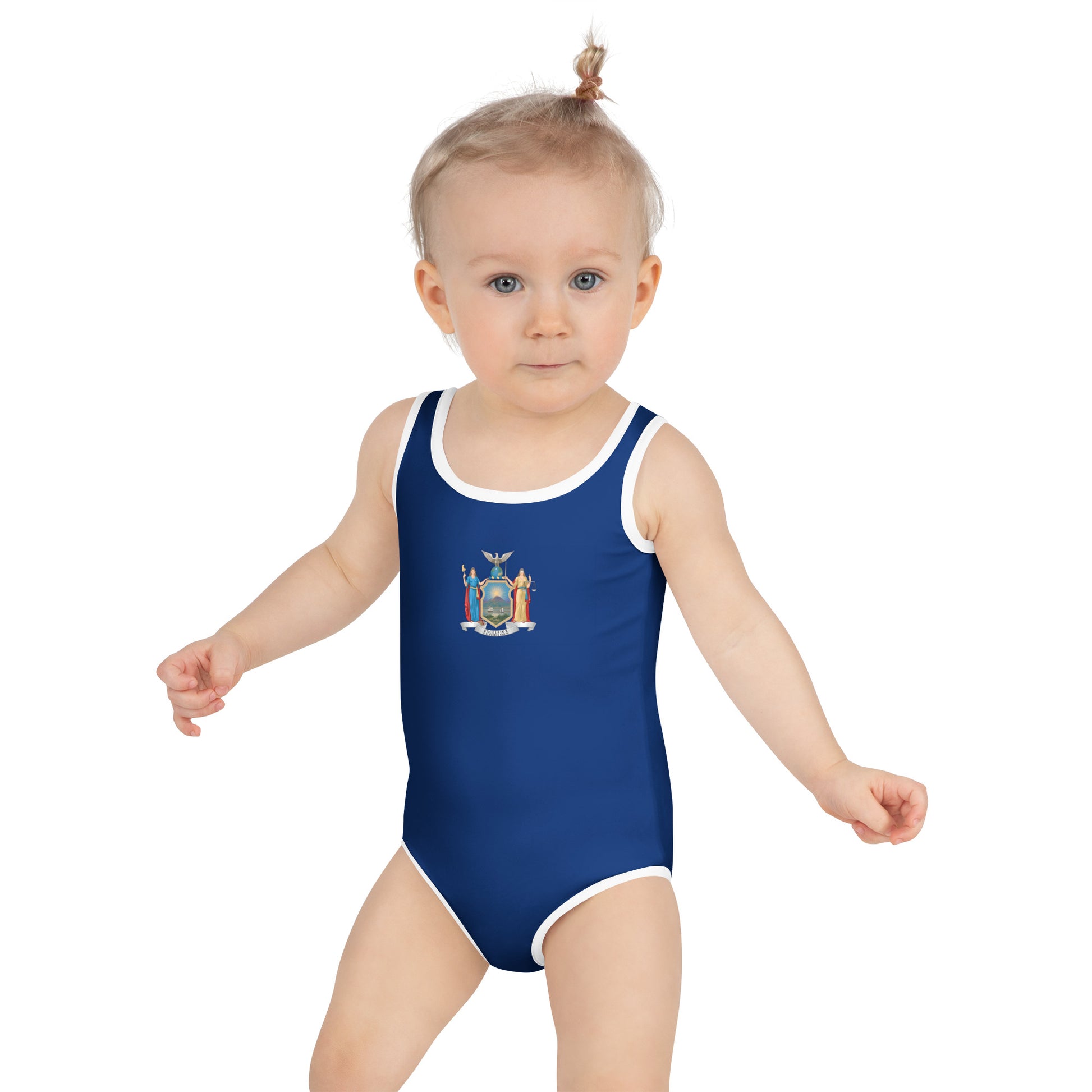 Toddler wearing blue [Brand] swimsuit with state emblem design.