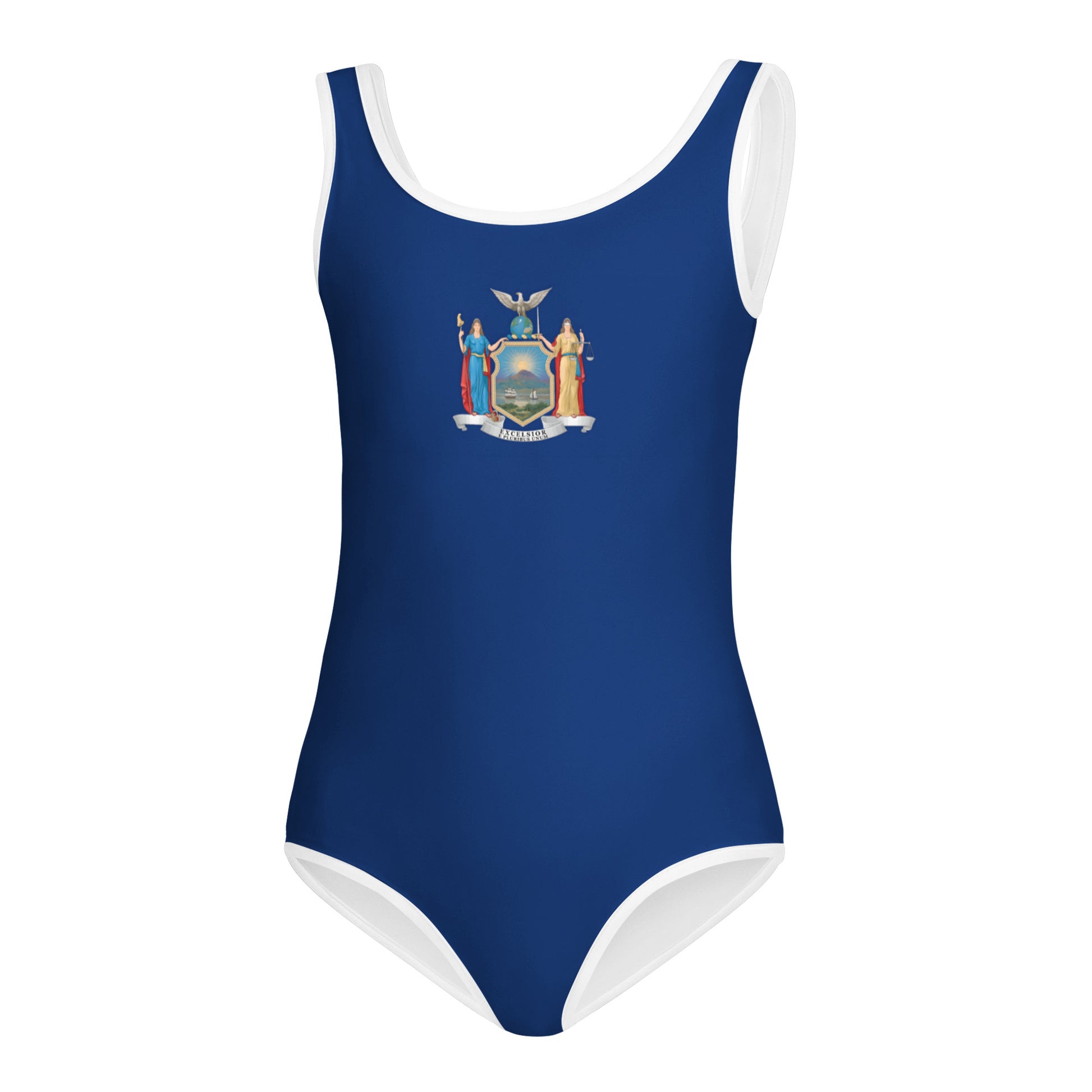 Blue swimsuit featuring New York state emblem, white trim. [Brand]