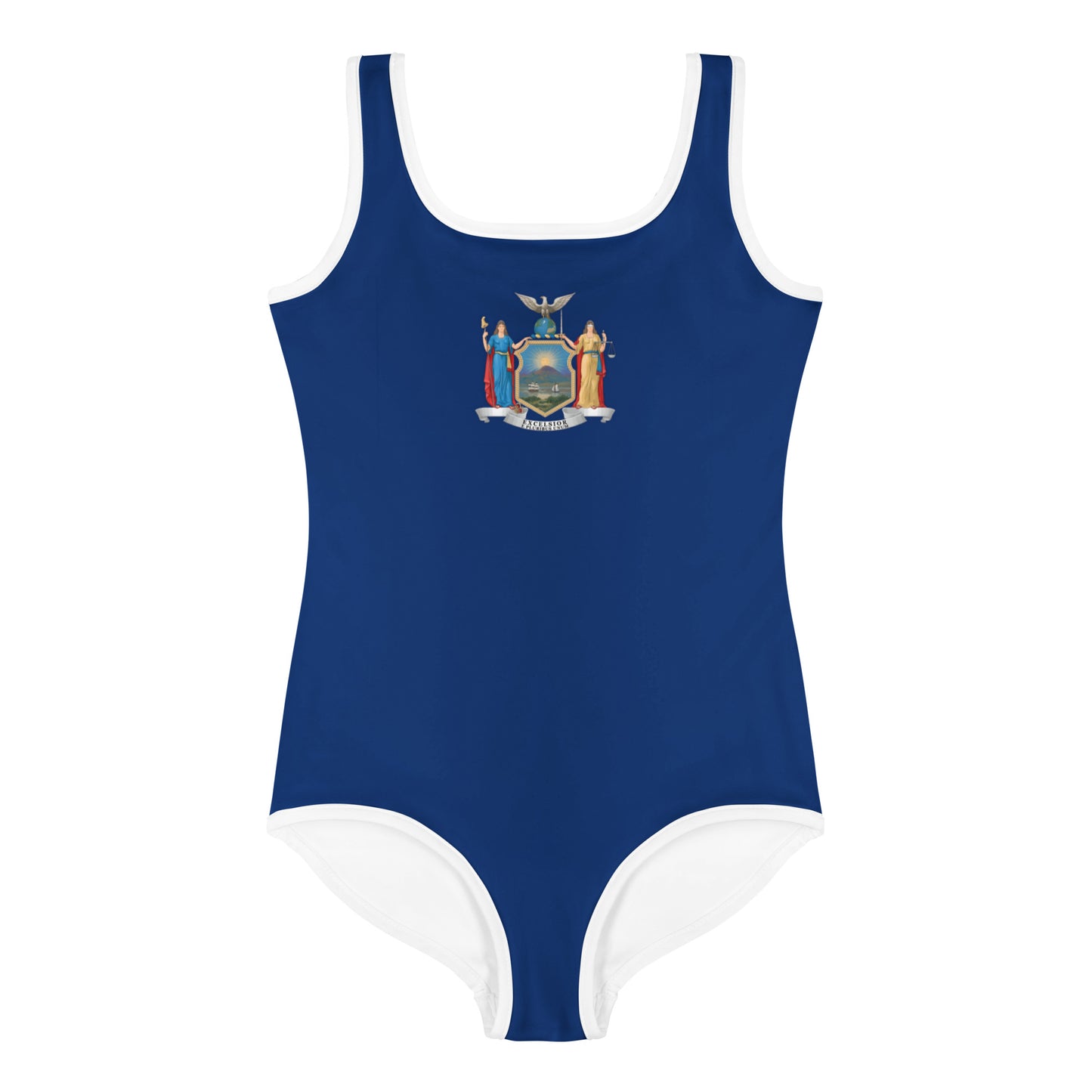 Blue swimsuit with New York State emblem, [Brand] design.