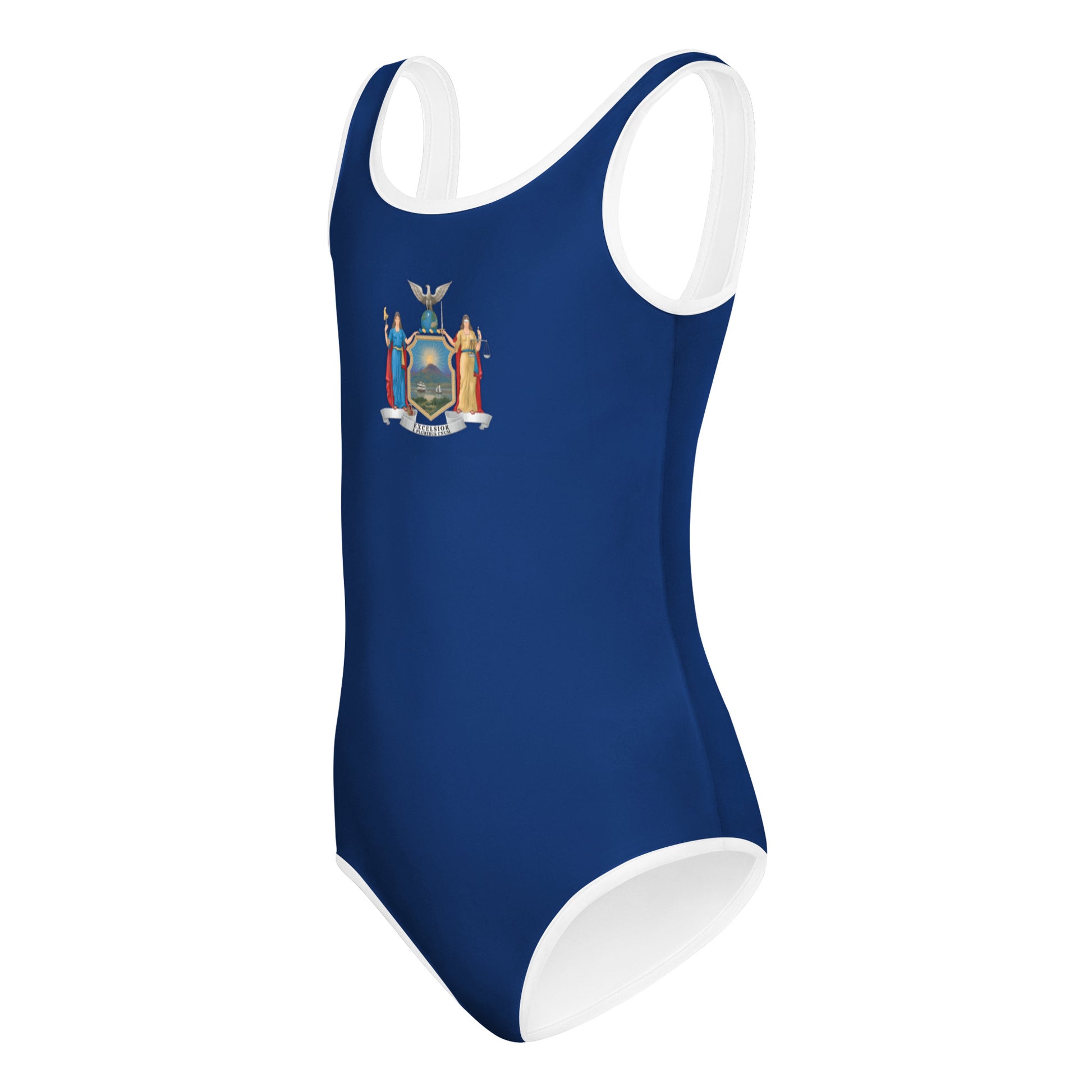 Blue one-piece swimsuit featuring a crest, by [Brand].