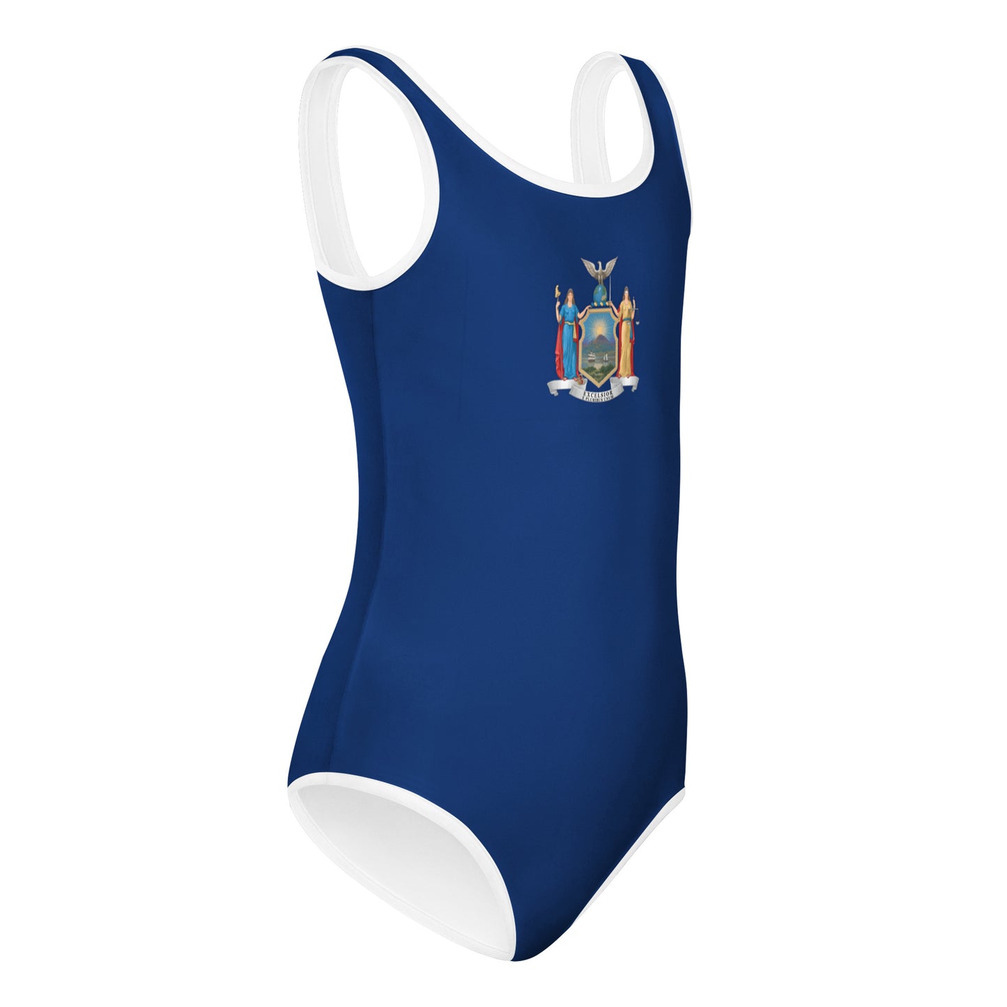 Blue [Brand] swimsuit with state emblem and white trim.