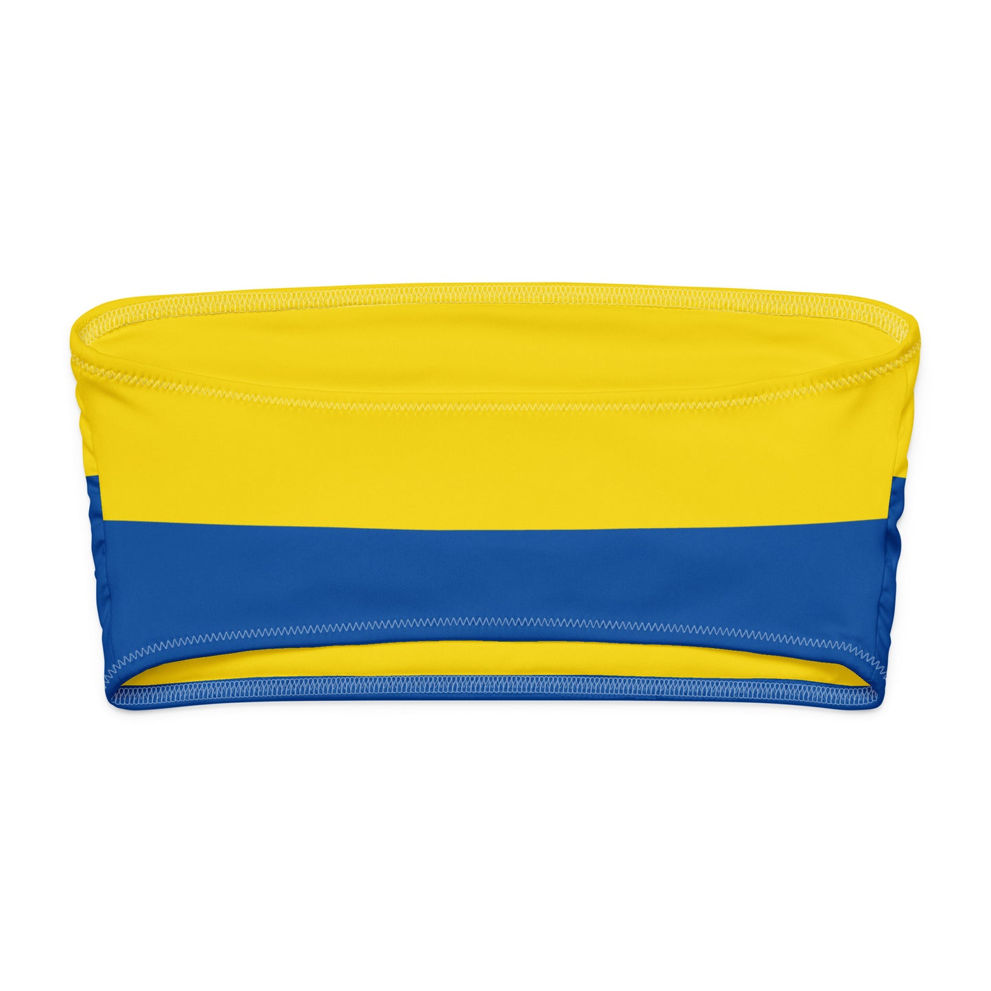 [Brand] yellow and blue bandeau top with stitched edges.