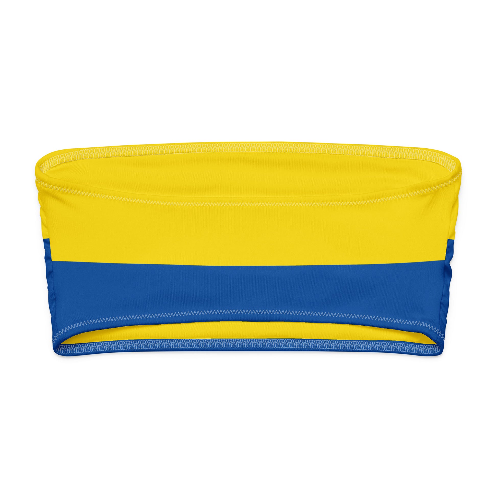 [Brand] yellow and blue bandeau top with stitched edges.