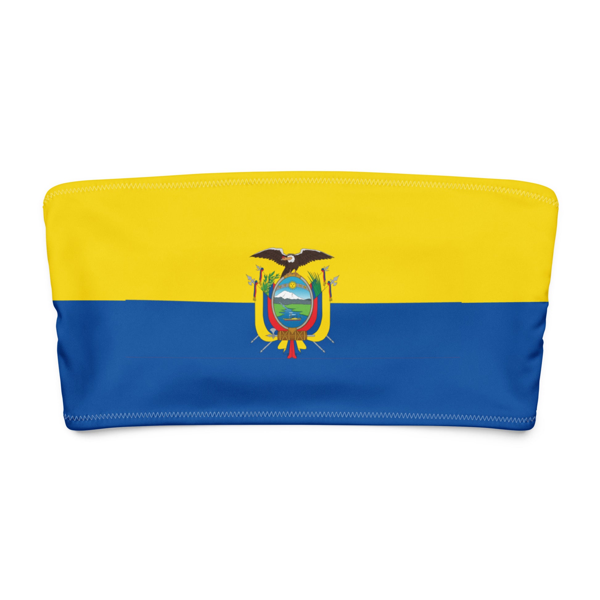 [Brand] flag-themed headband featuring Ecuador's national colors and emblem.