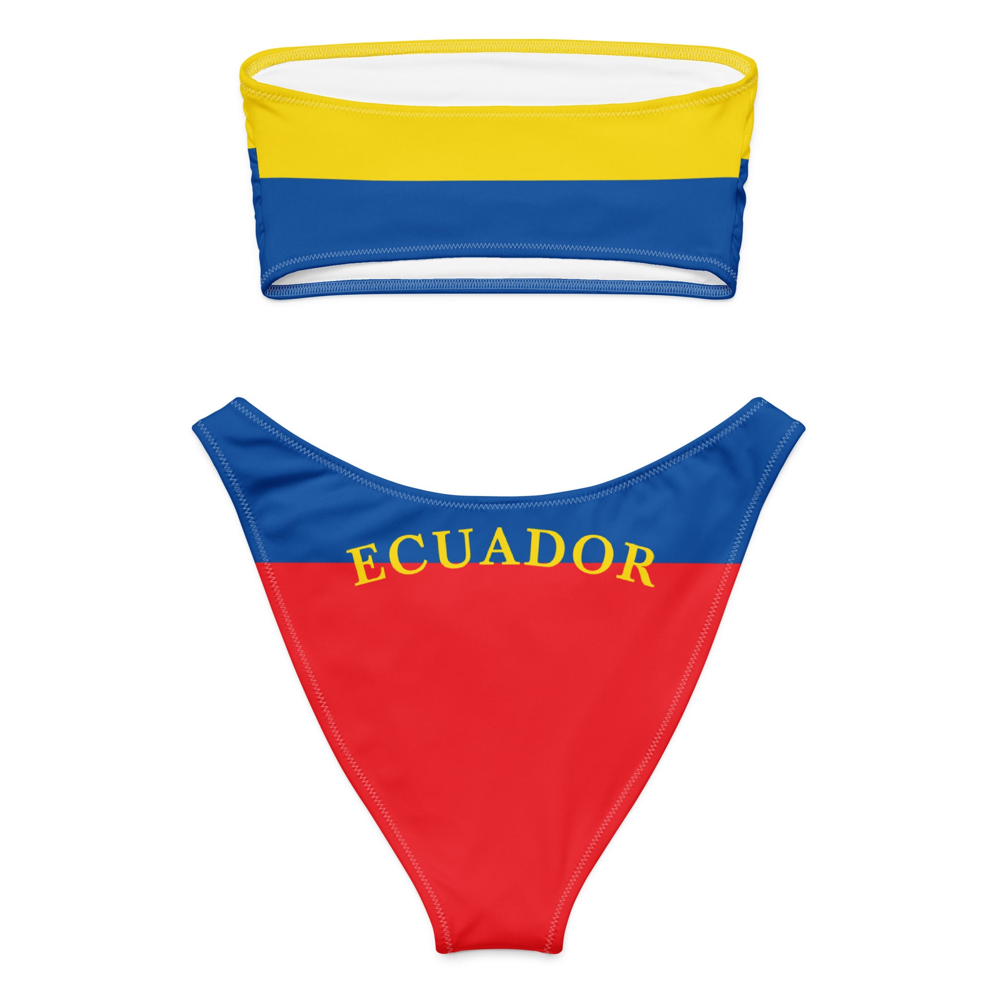 Two-piece bikini featuring Ecuador flag design by [Brand].
