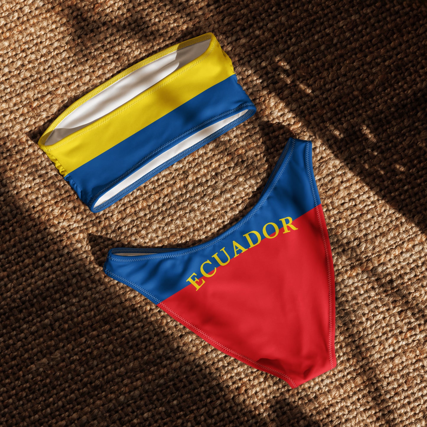Two-piece swimsuit with Ecuador flag design, by [Brand].