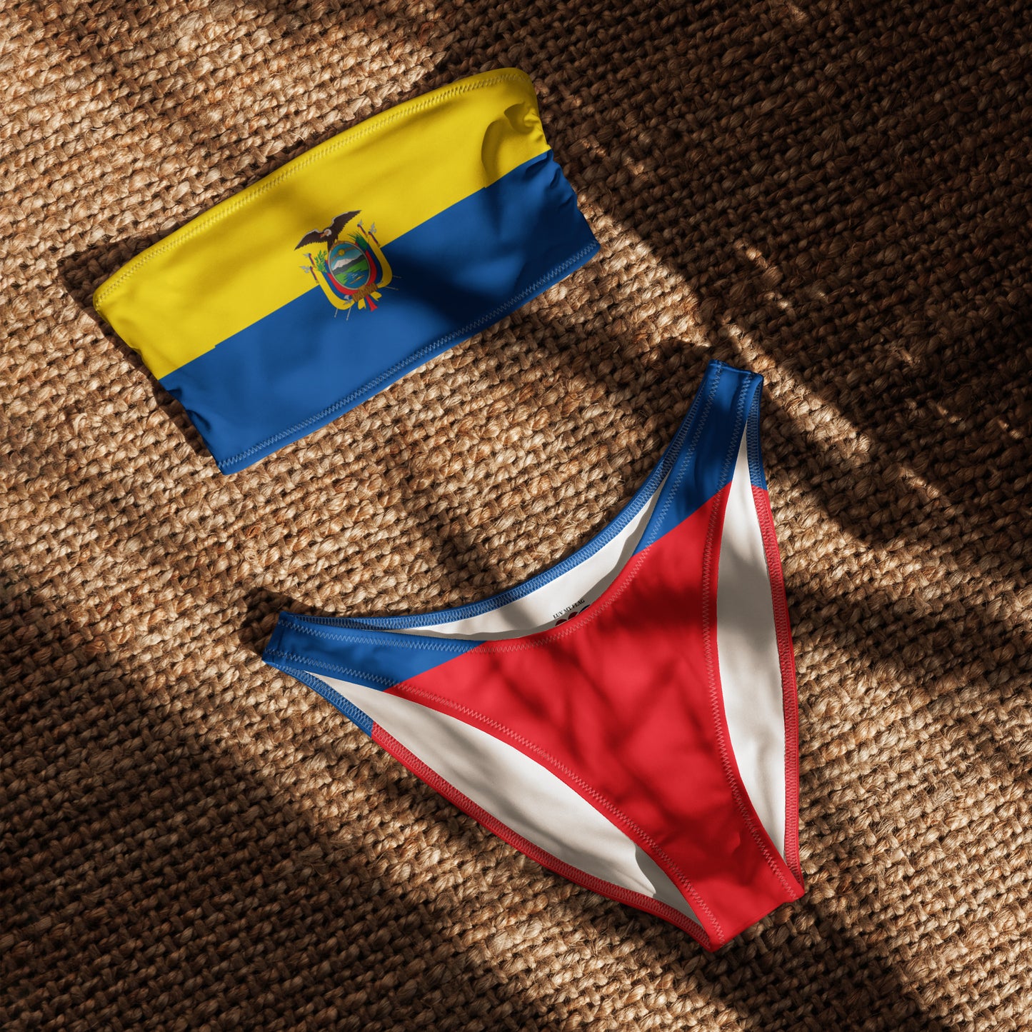 [Brand] bikini featuring vibrant, colorful Ecuadorian flag design.