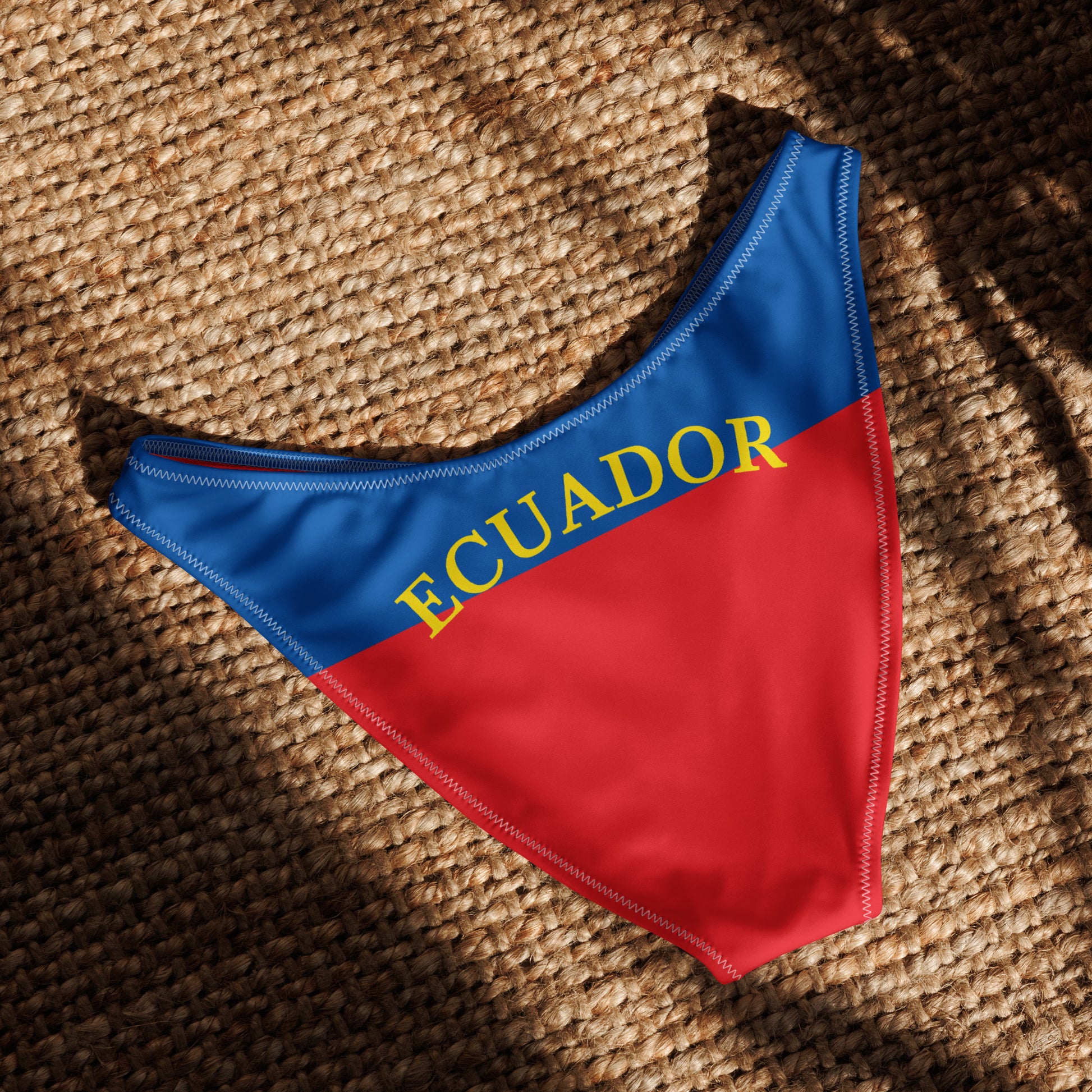 Blue and red [Brand] bikini bottom with "Ecuador" lettering displayed.