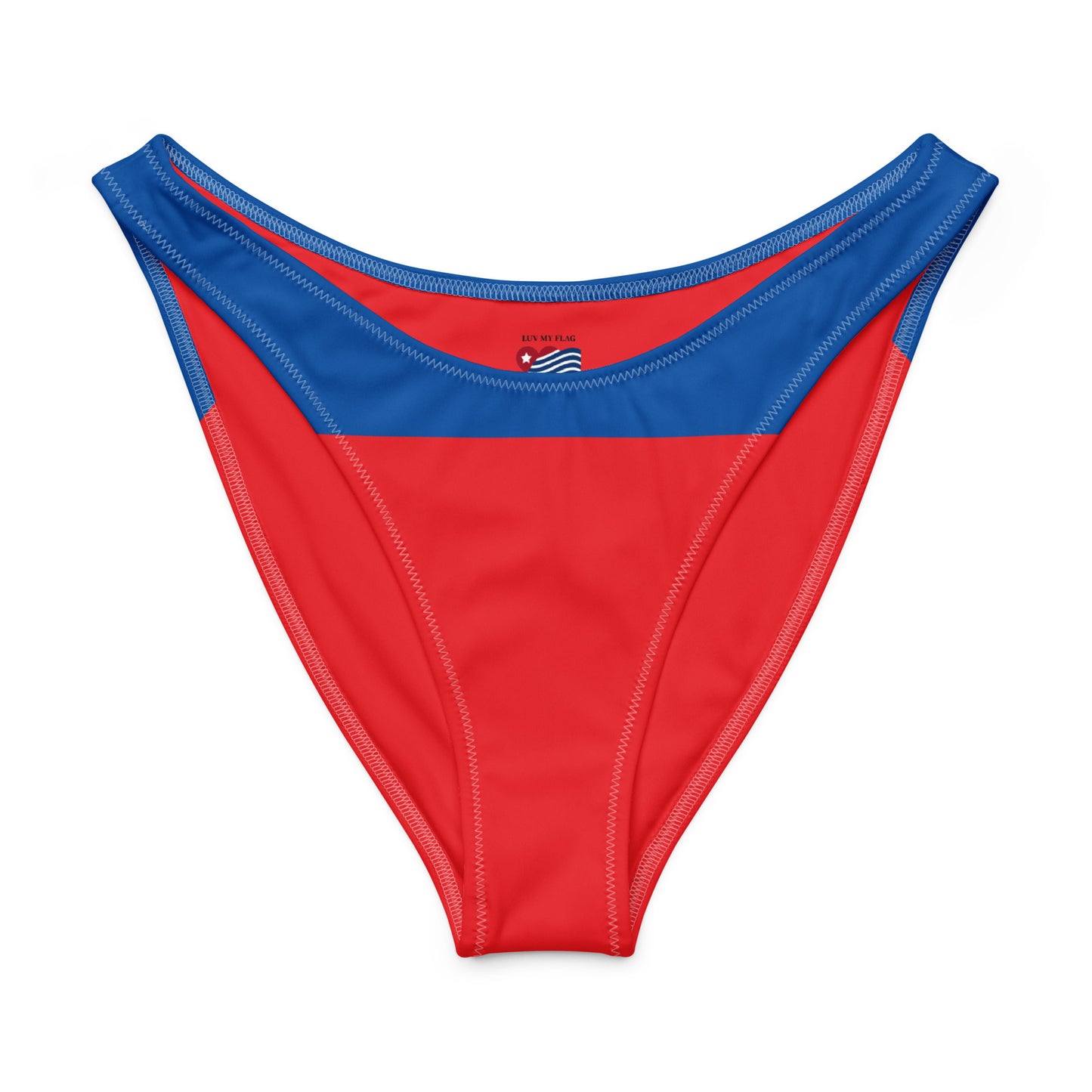 Red and blue bikini bottoms featuring [Brand] design elements.