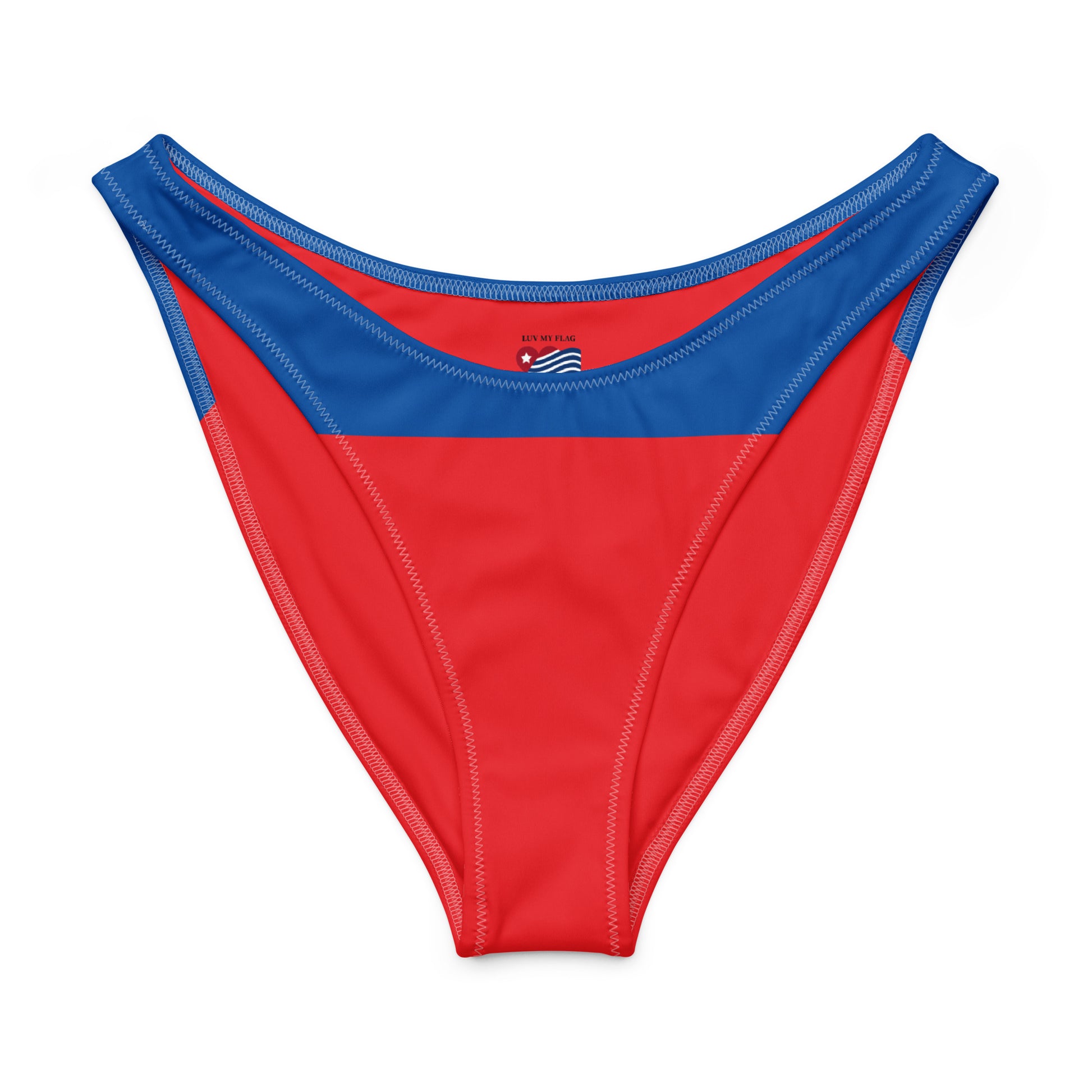 Red and blue bikini bottoms featuring [Brand] design elements.
