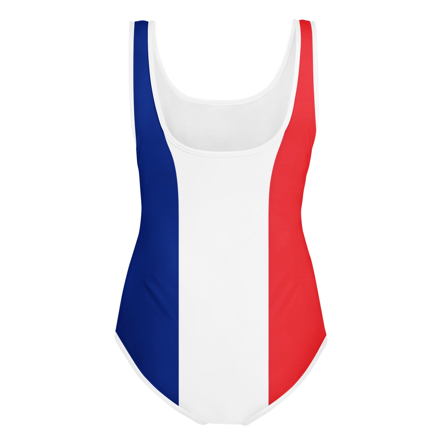 [Brand] swimsuit with French flag pattern in blue, white, red.