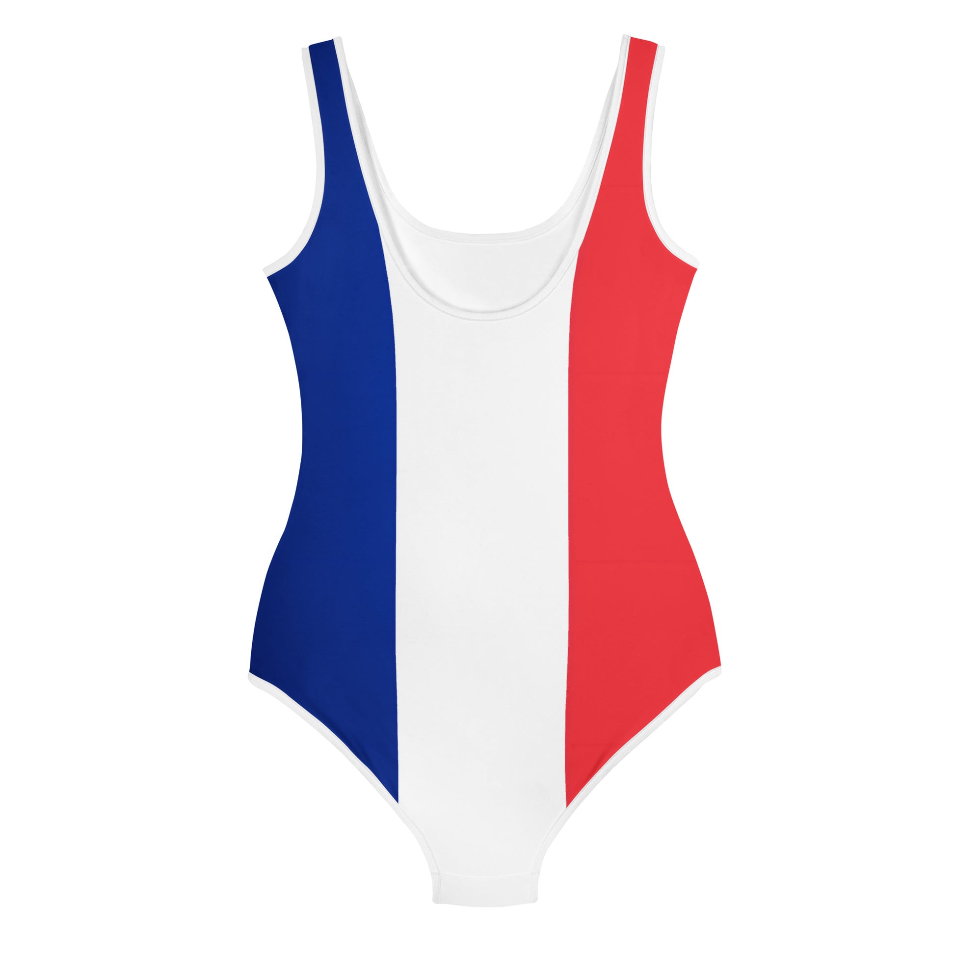 [Brand] swimsuit featuring blue, white, and red vertical stripes.