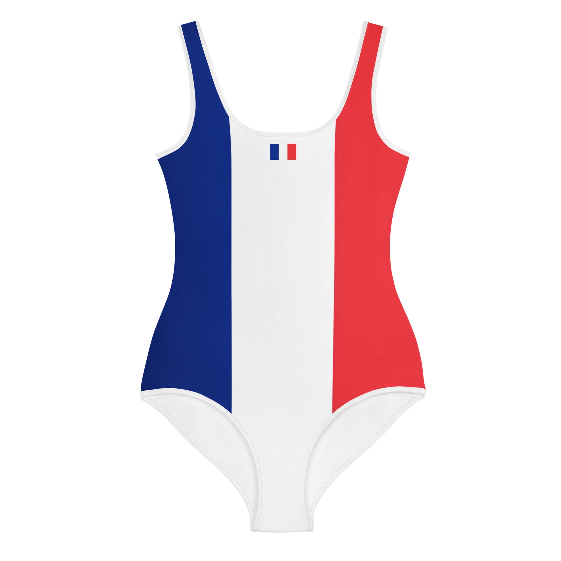 [Brand] swimsuit featuring French flag design, vibrant and stylish.