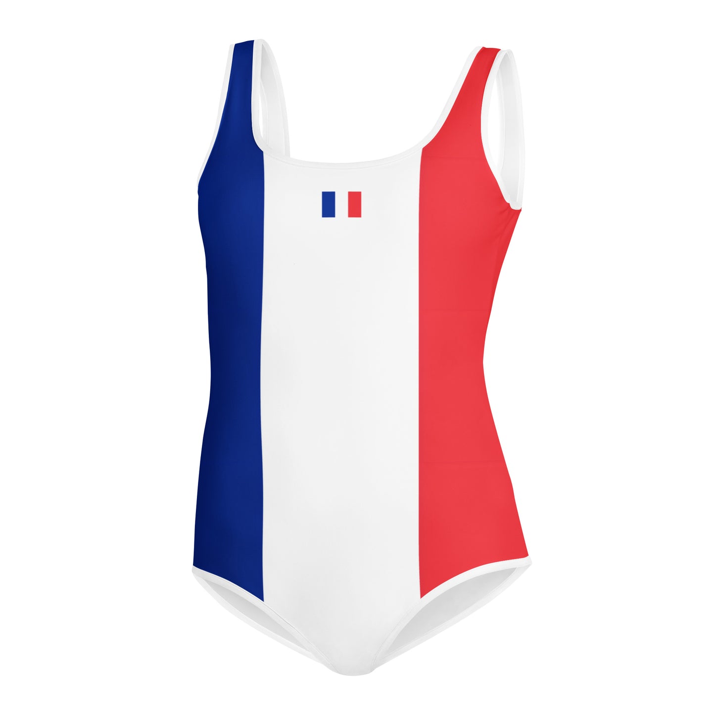 [Brand] swimsuit featuring French flag colors: blue, white, red.