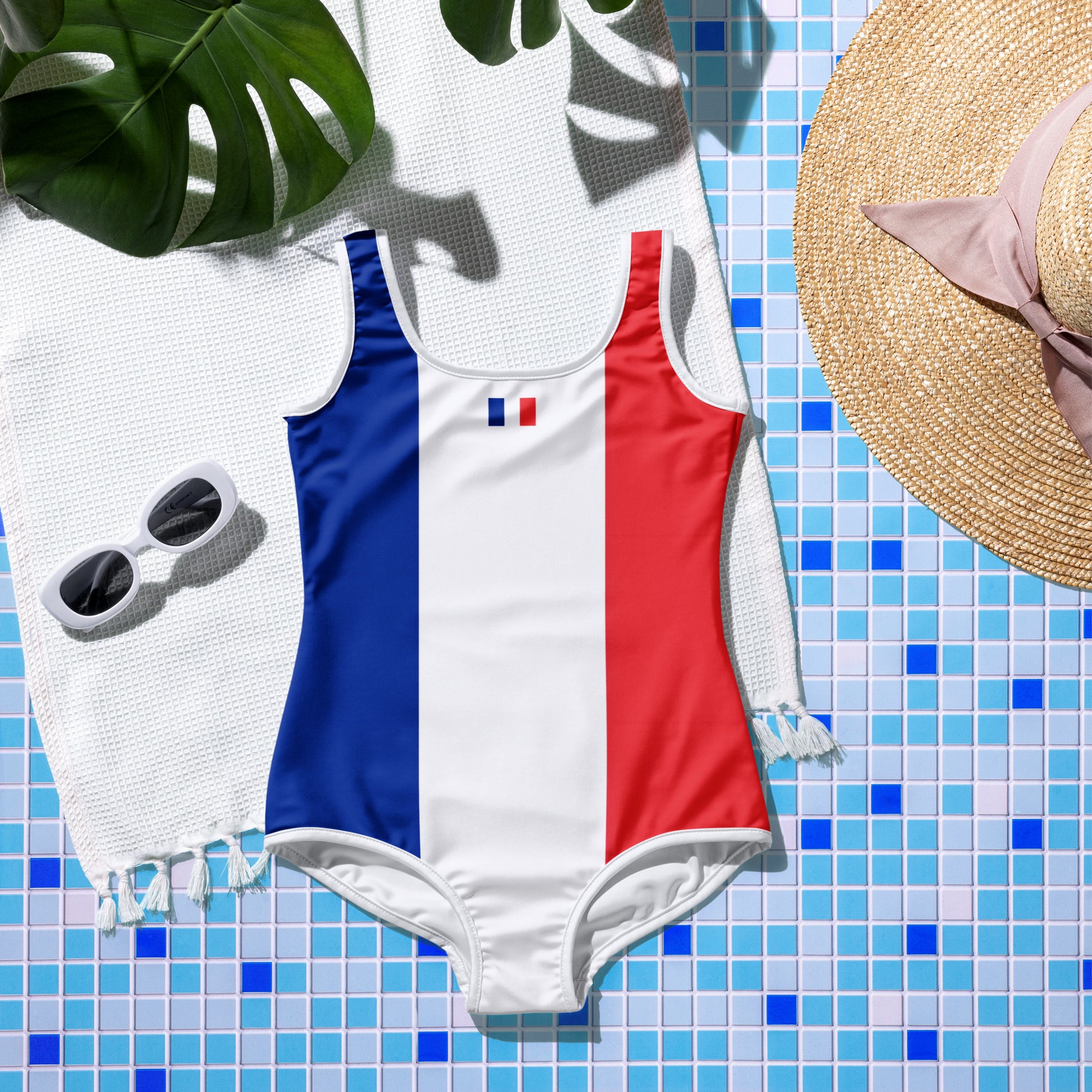 Swimsuit with French flag, sunglasses, hat; [Brand] design.