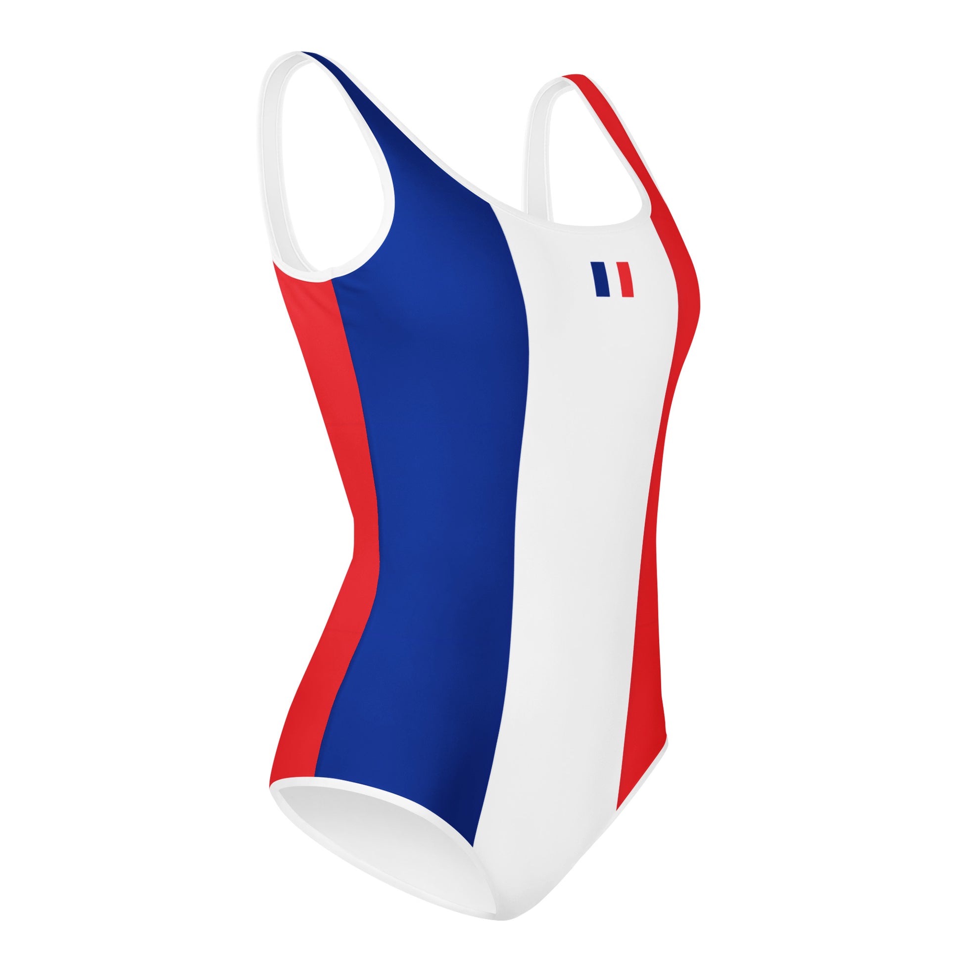 [Brand] swimsuit with blue, white, and red vertical stripes.