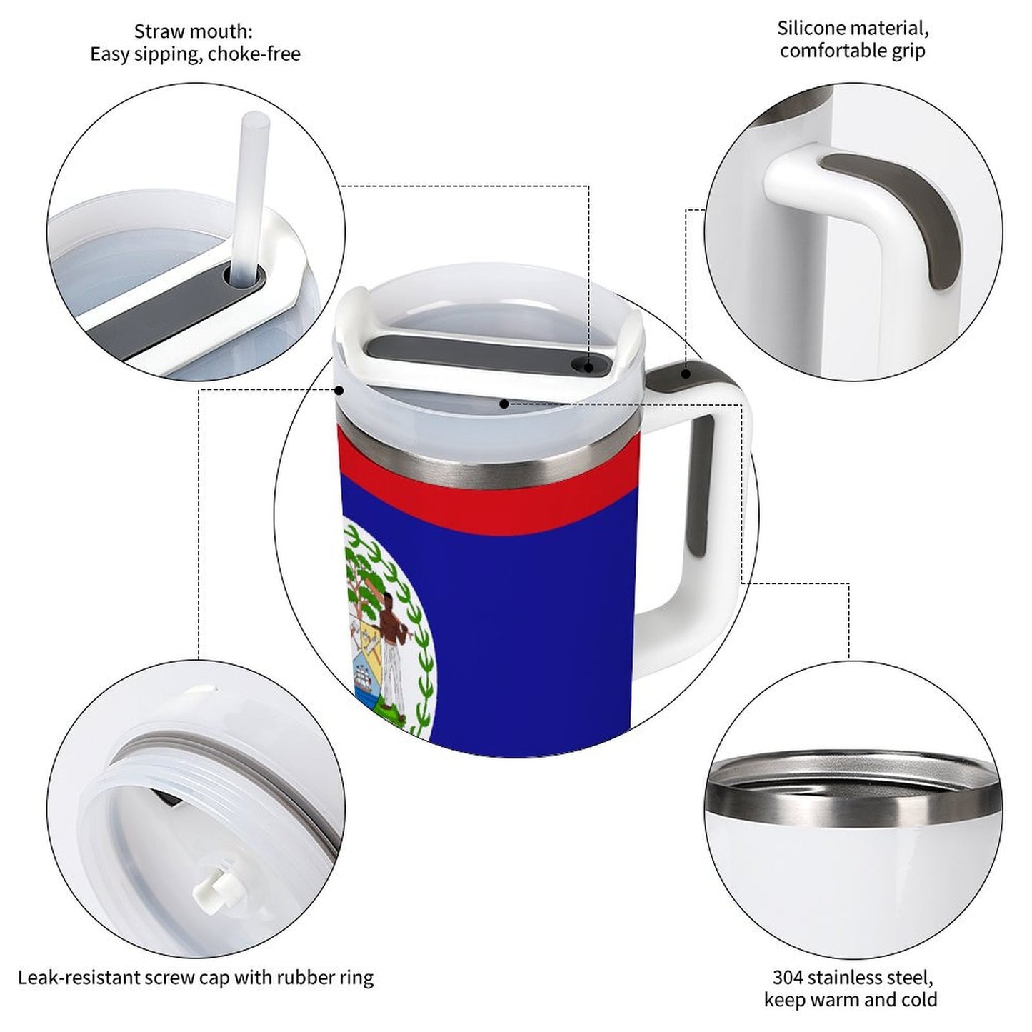 [Brand] mug features durable design, straw, and comfortable grip.