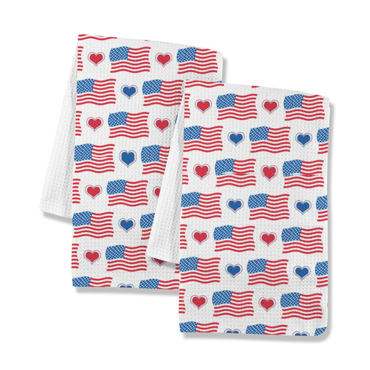 USA/American Flag Inspired Flag and Hearts Pattern Kitchen Towel 40X60cm (Pack of 2) (Made in the USA)