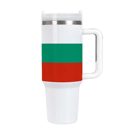 [Brand] insulated mug with red, green stripes, white base.