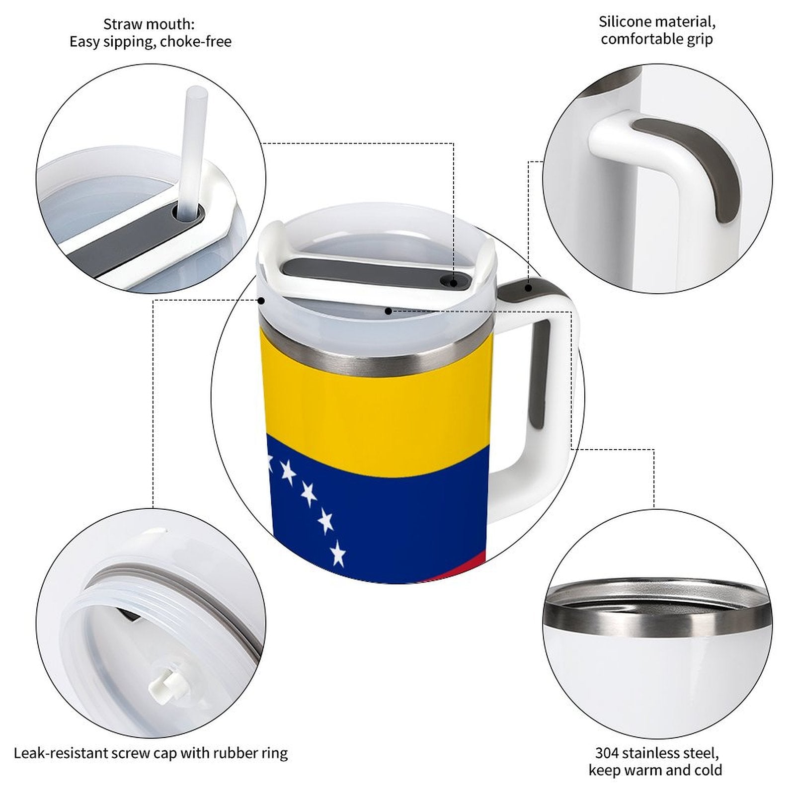 [Brand] insulated mug with flag design and straw lid.