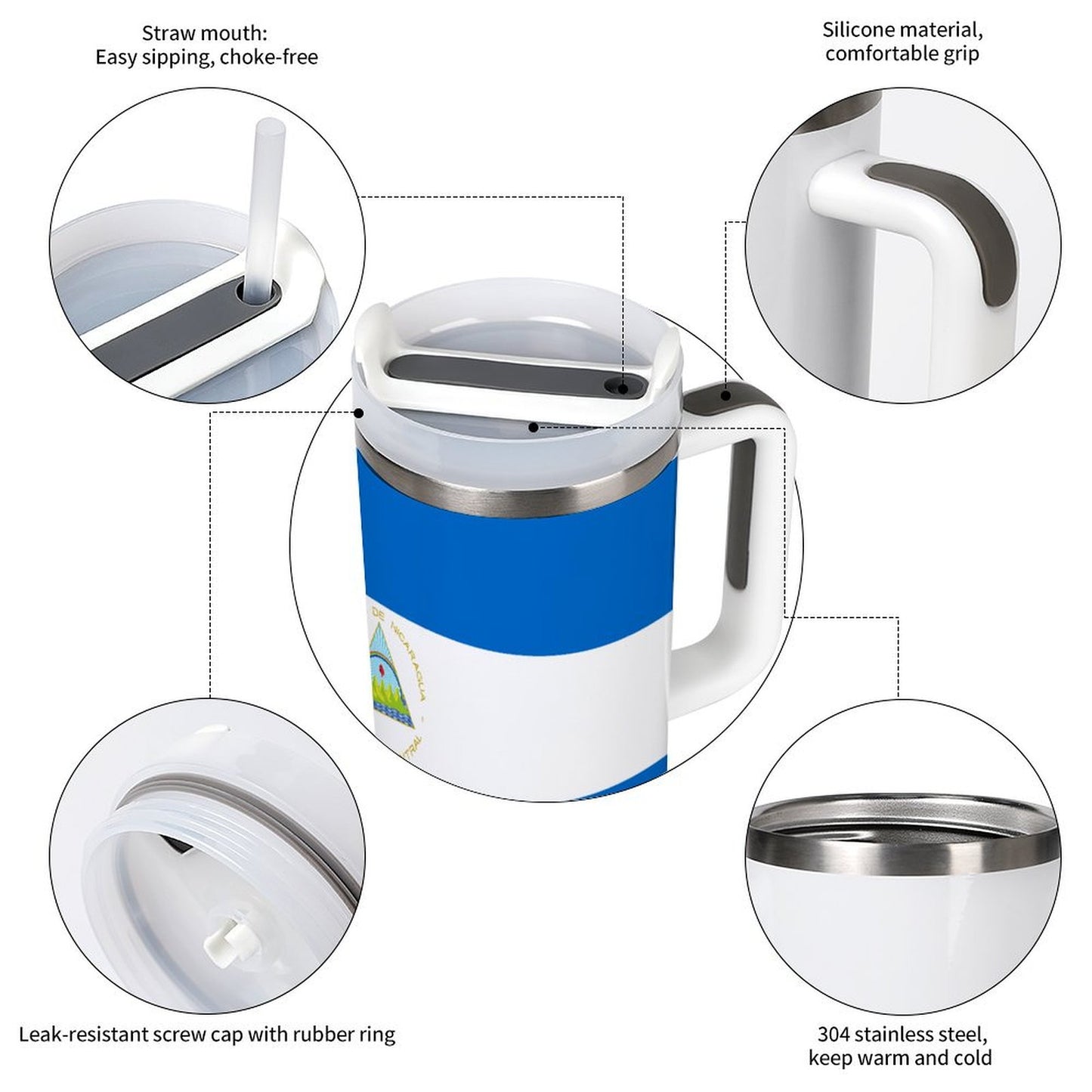 [Brand] blue and white insulated mug with various features.