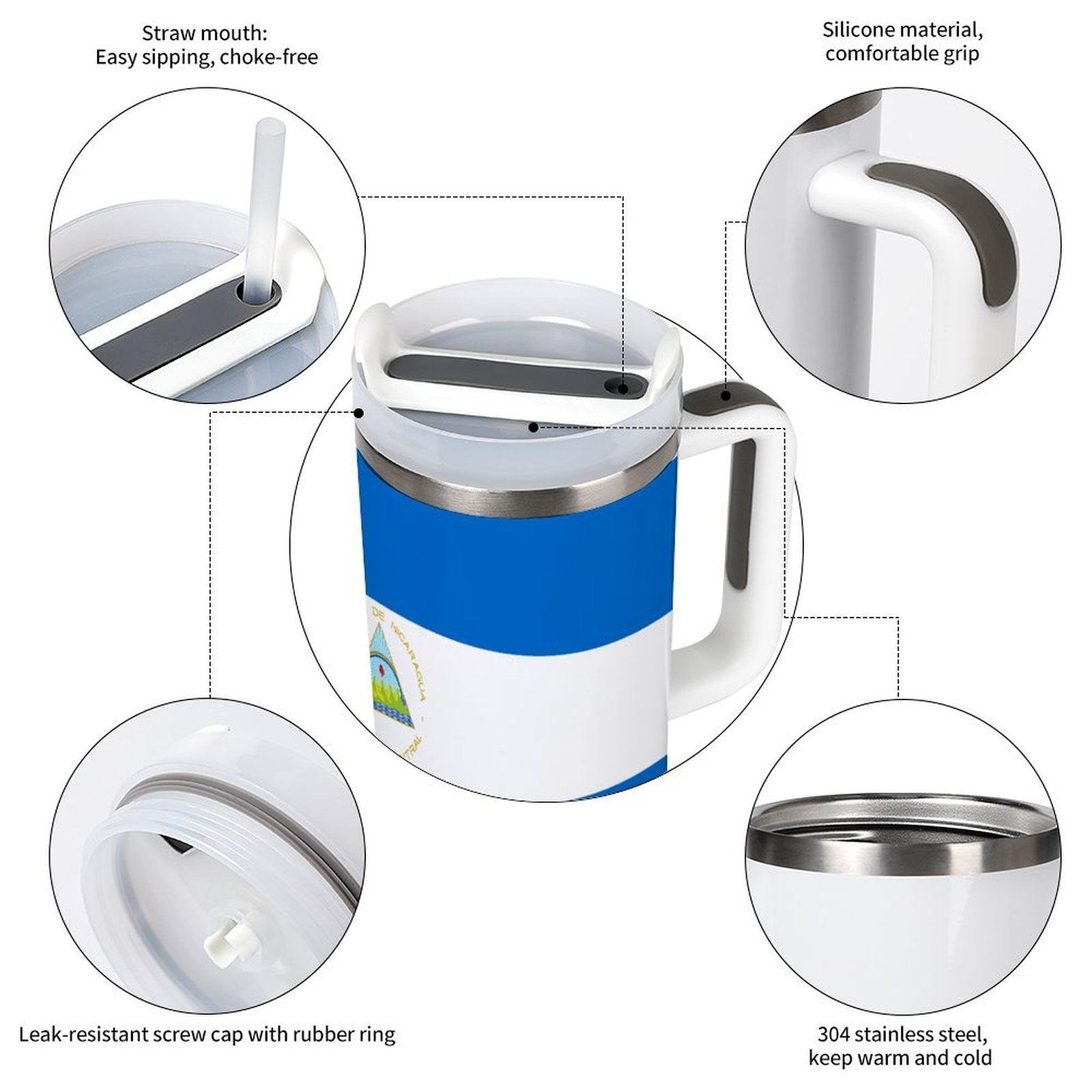 [Brand] blue and white insulated mug with various features.