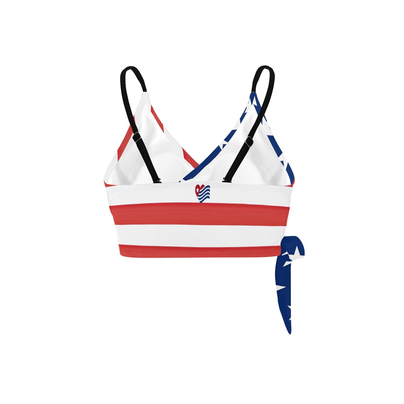 [Brand] bikini top with American flag-inspired design and straps.