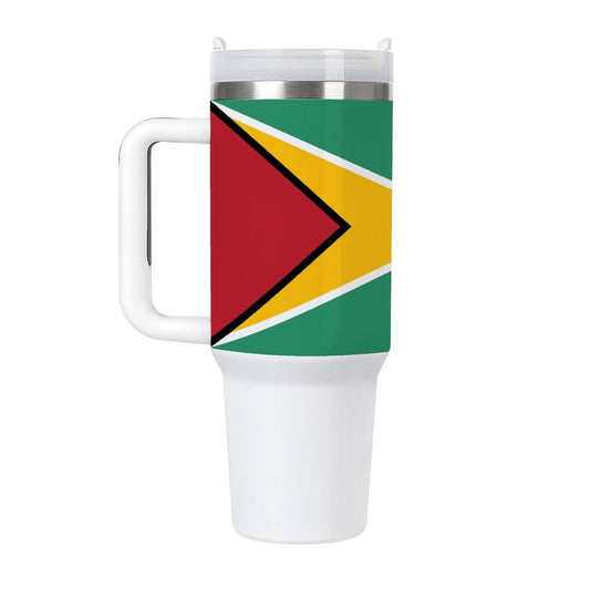 [Brand] tumbler featuring Guyana flag design with white handle.
