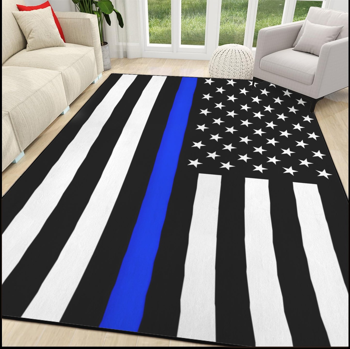 Thin Blue Line Flag Inspired 84x60 Inch Area Rug with Black Binding (Made in the USA)