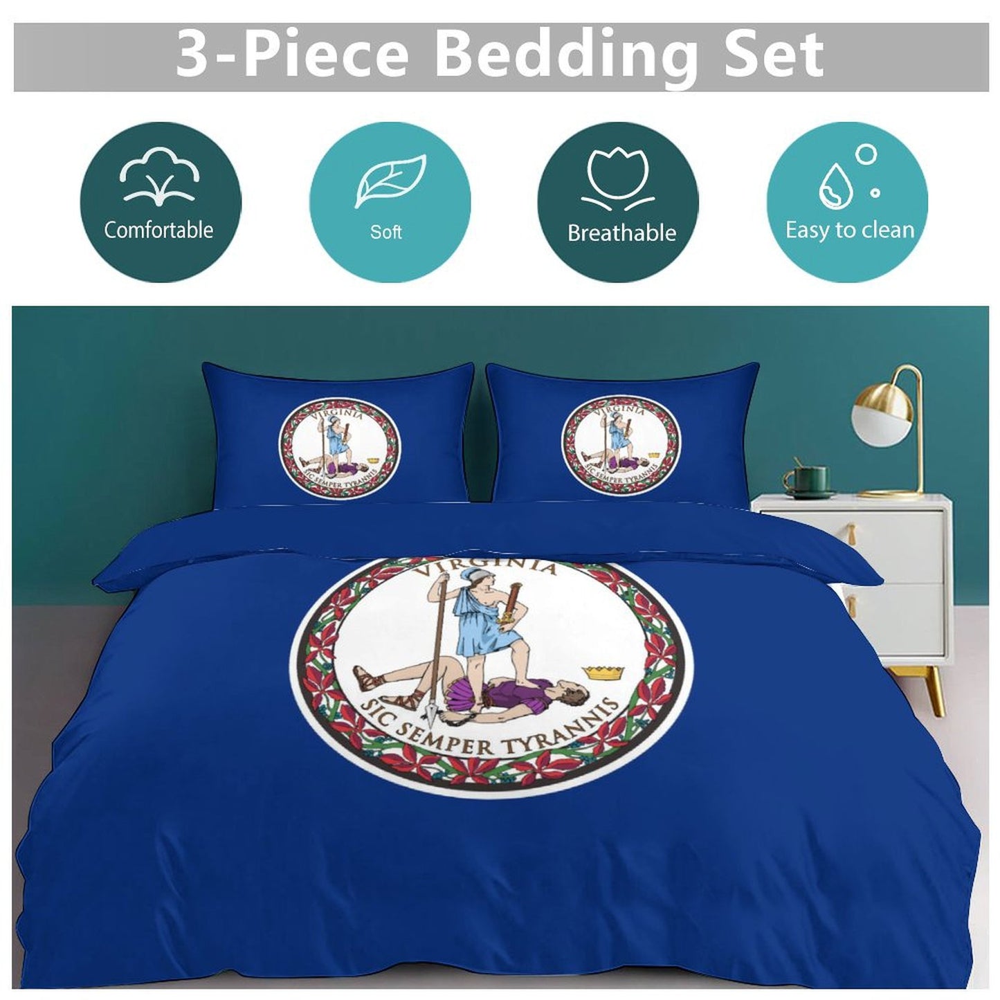 Virginia Flag Inspired 3-Piece Bedding Set (1 Duvet Cover + 2 Pillow Shams) – 102"×90"