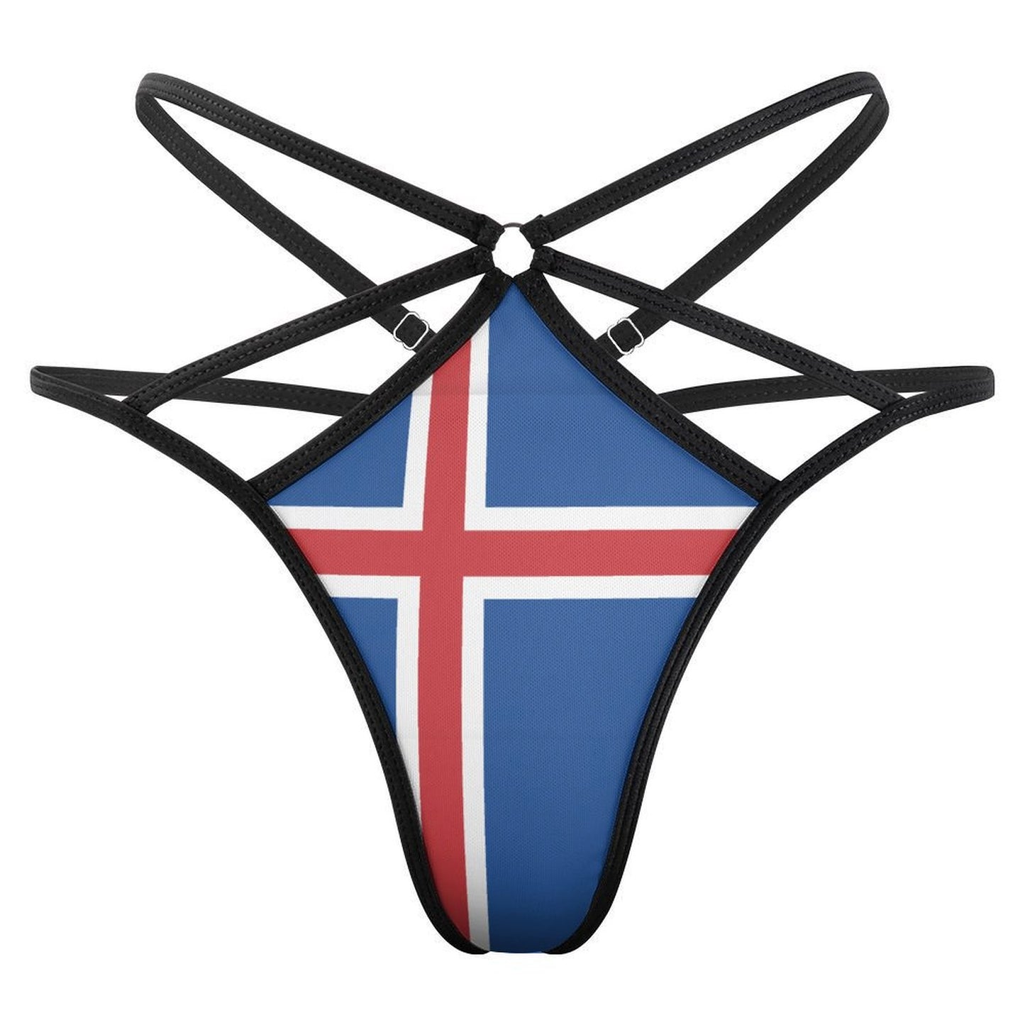Strappy bikini bottom with Iceland flag pattern by [Brand].