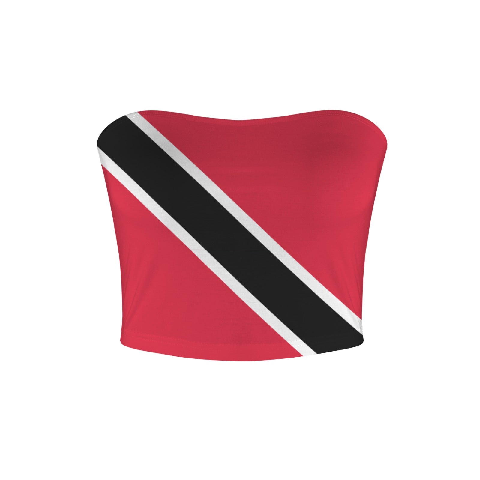 Red [Brand] tube top with black and white stripes.