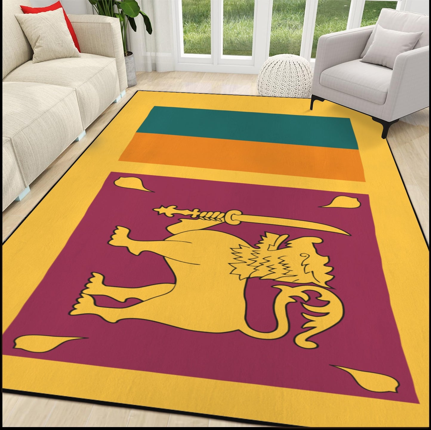 Sri Lanka Flag Inspired 84x60 Inch Area Rug with Black Binding (Made in the USA)