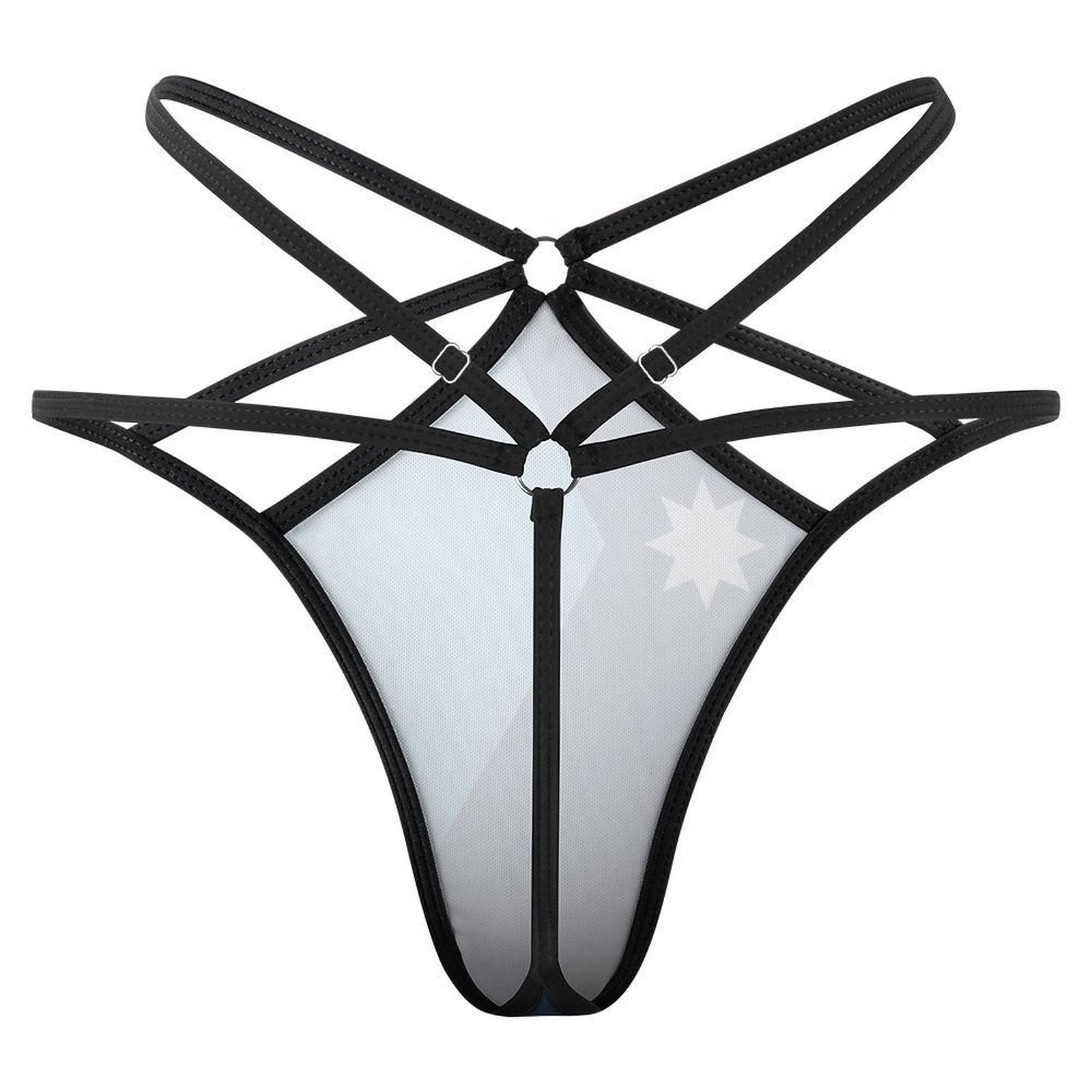 Black strappy harness lingerie with geometric design by [Brand].
