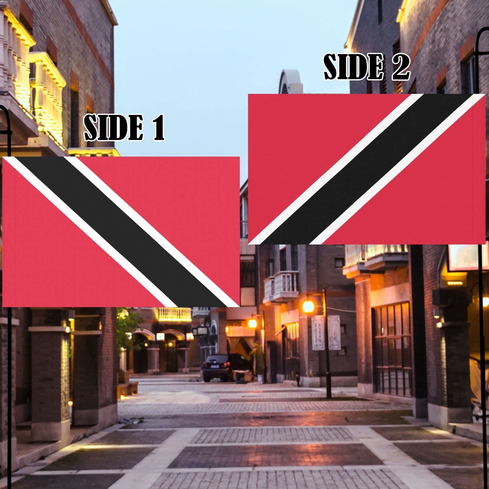 Two Trinidad flags by Luv My Flag in city street.