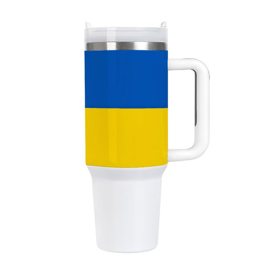 [Brand] travel mug with blue and yellow flag design.