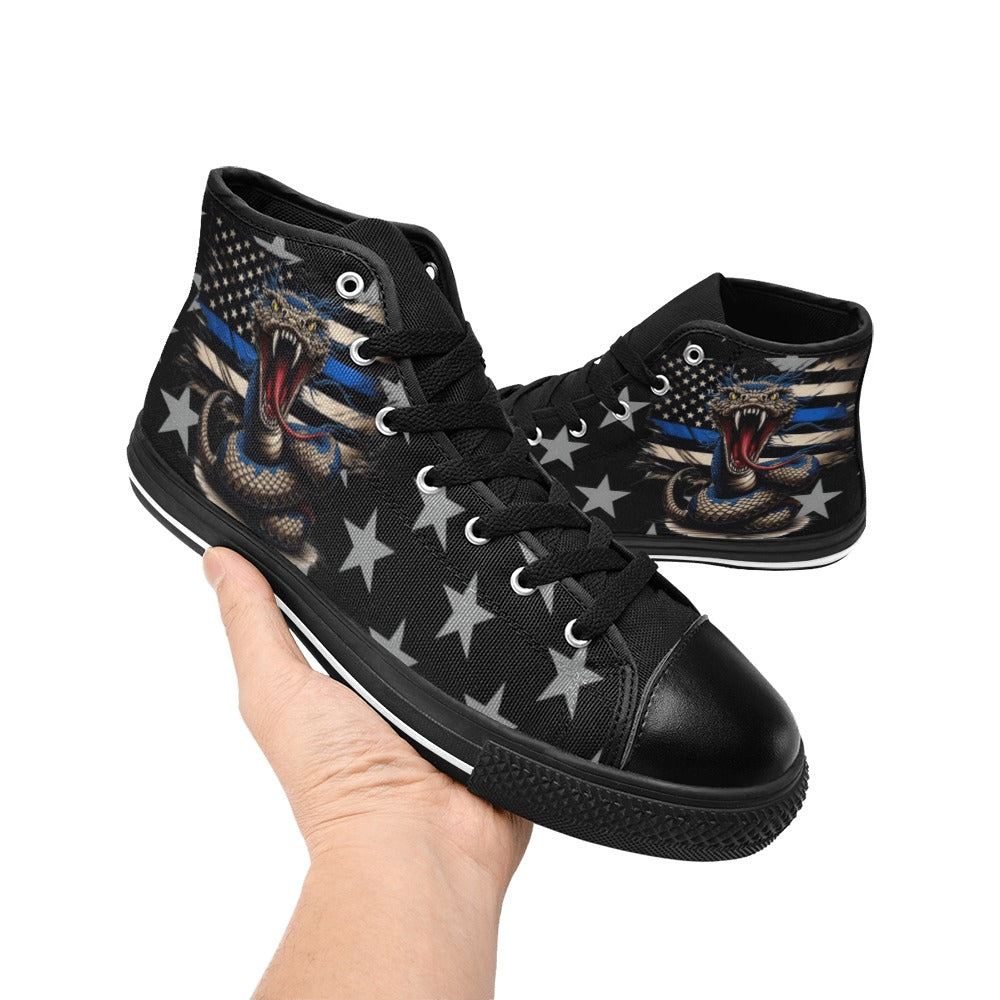Thin Blue Line Flag Inspired Snake Kid's High Top Canvas Shoes