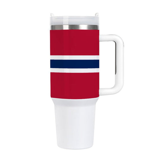 Red travel mug with handle, featuring stripes. [Brand] design.