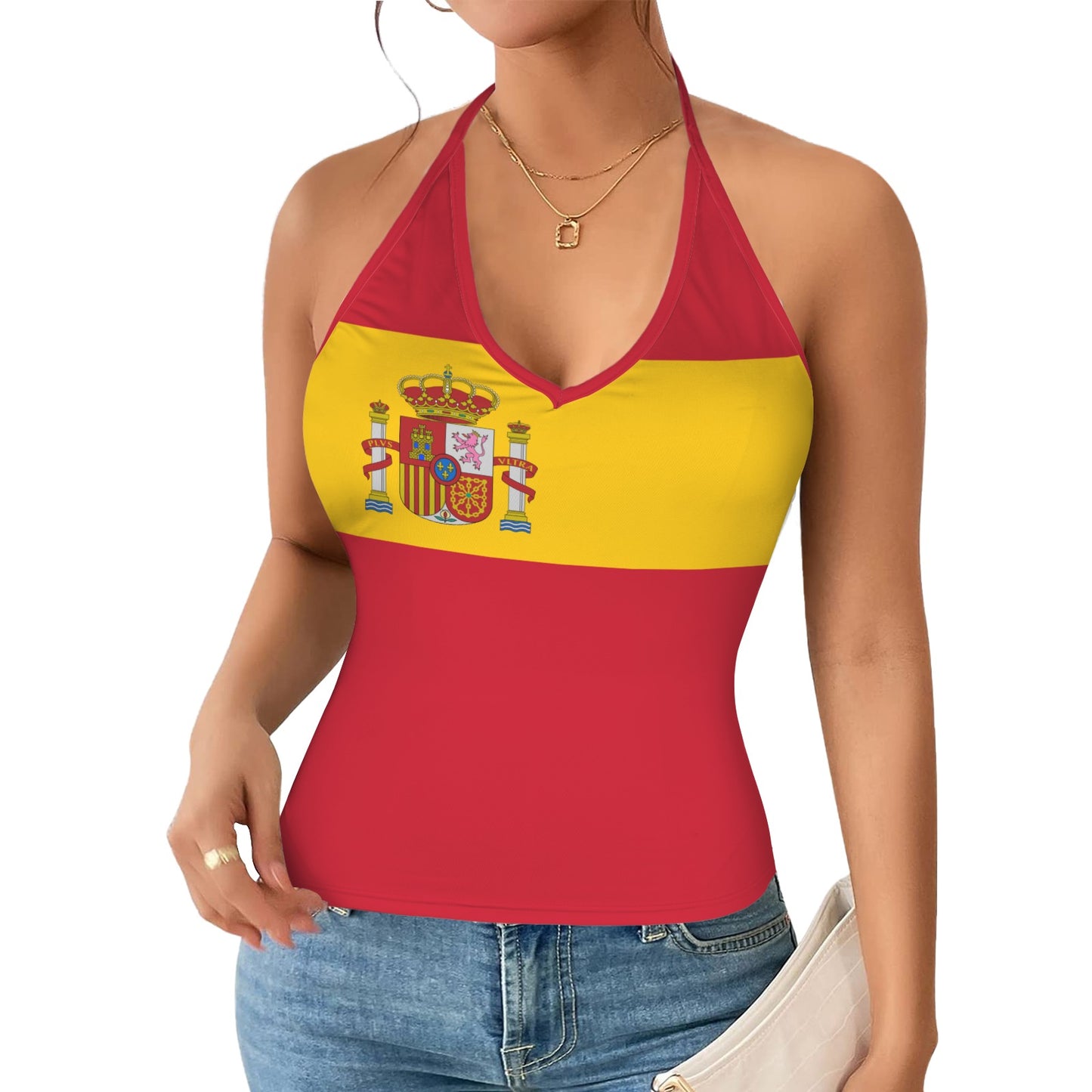 Spain Flag Inspired V-neck Halter Open Back Tank Top